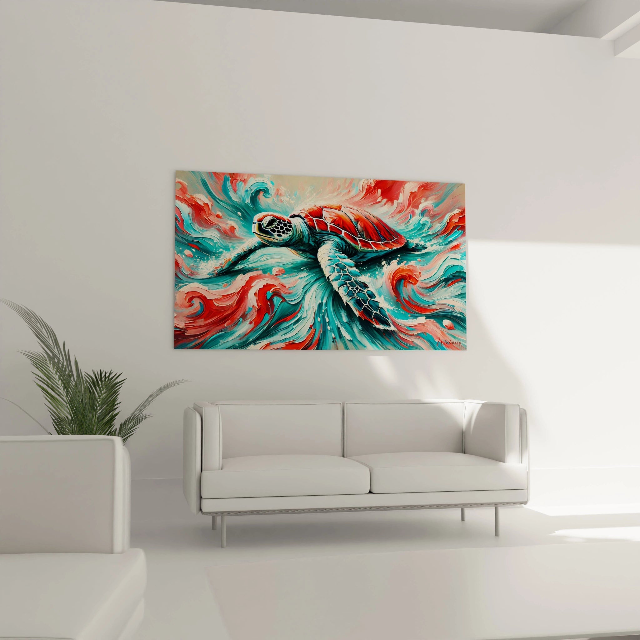 Ce tableau tortue de mer illumine le salon avec ses couleurs vives. Accroche au-dessus du canape, il apporte une touche moderne et vibrante, ideal pour un decor inspire par l’ocean.