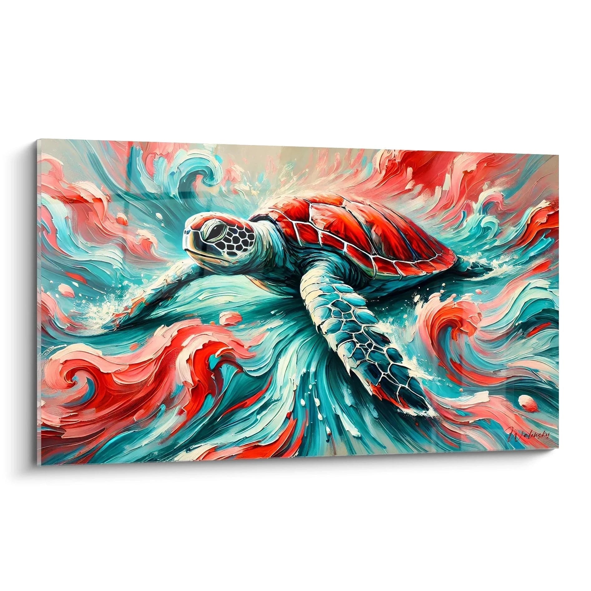 Découvrez le tableau tortue de mer sous un angle unique. Cette œuvre vibrante capture le mouvement gracieux de la tortue en pleine nage dans une explosion de couleurs vives et contrastées.