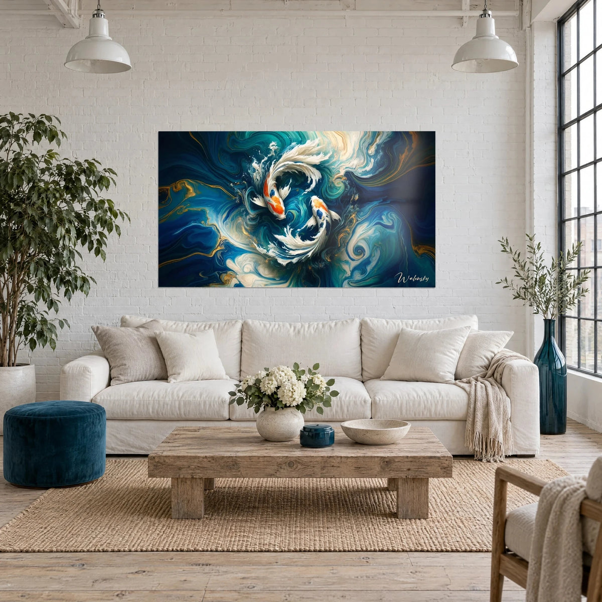 Quadro due carpe koi arancioni e bianche che roteano in un marmo blu notte e oro, sopra un divano in un soggiorno luminoso