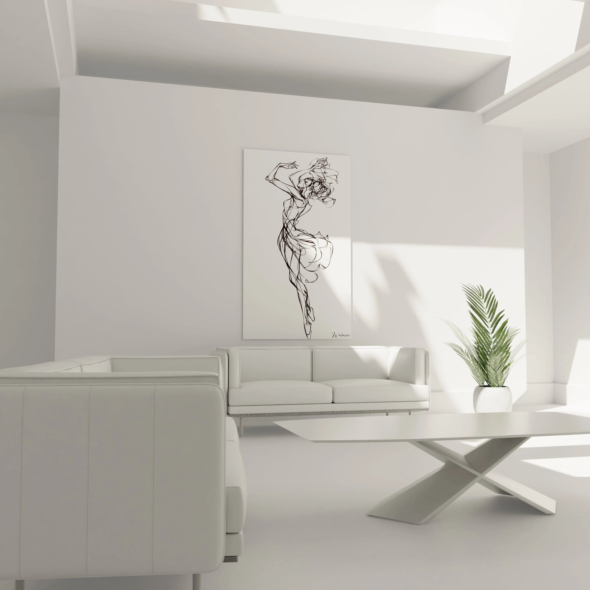 Un tableau danseuse abstrait caractérisé par des lignes noires courbées sur un fond blanc uniforme, offrant une composition simple et des textures linéaires légères.