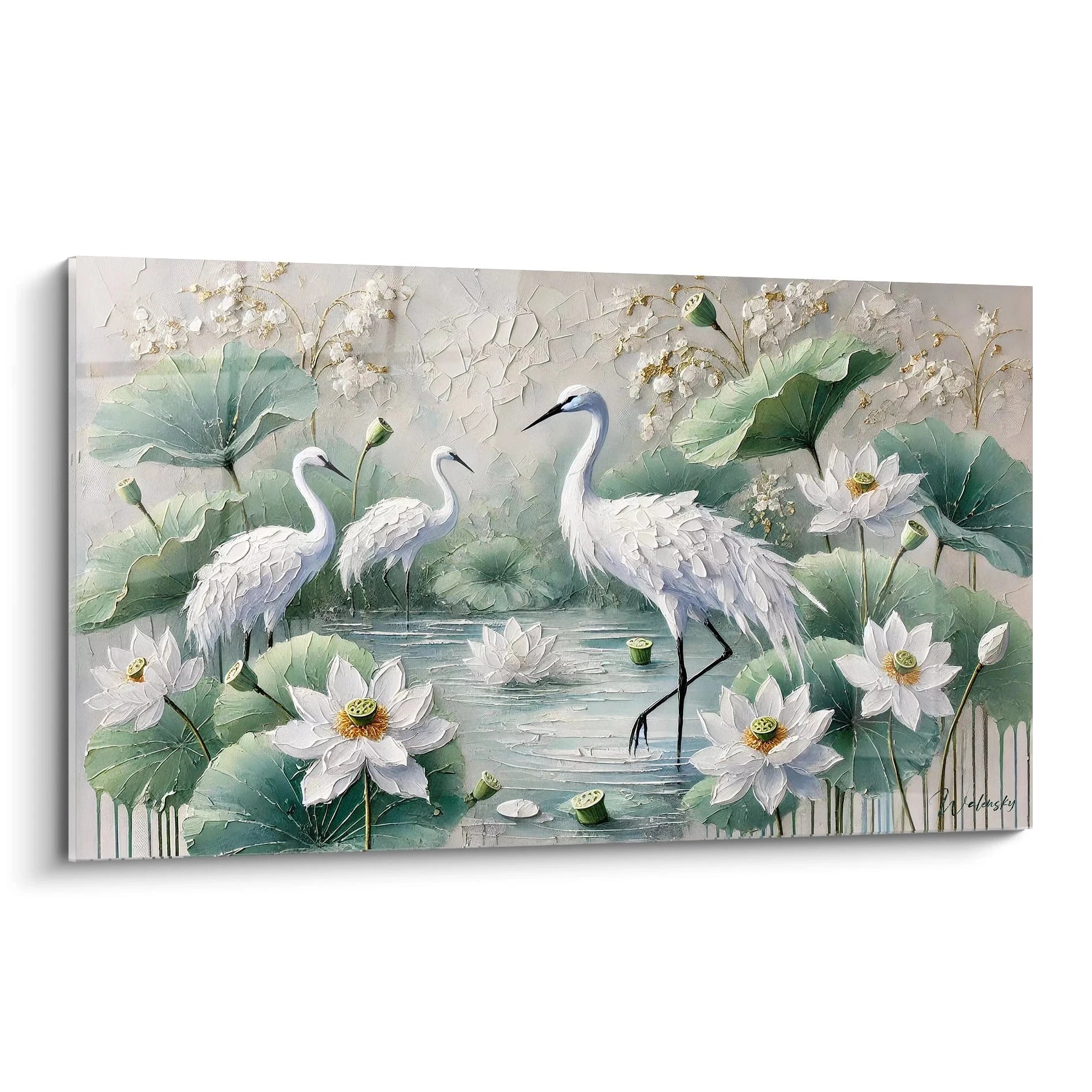 tableau peinture chinoise vu de biais avec grues blanches et lotus verts delicats refletant la serenite des jardins classiques de Suzhou et leur harmonie naturelle
