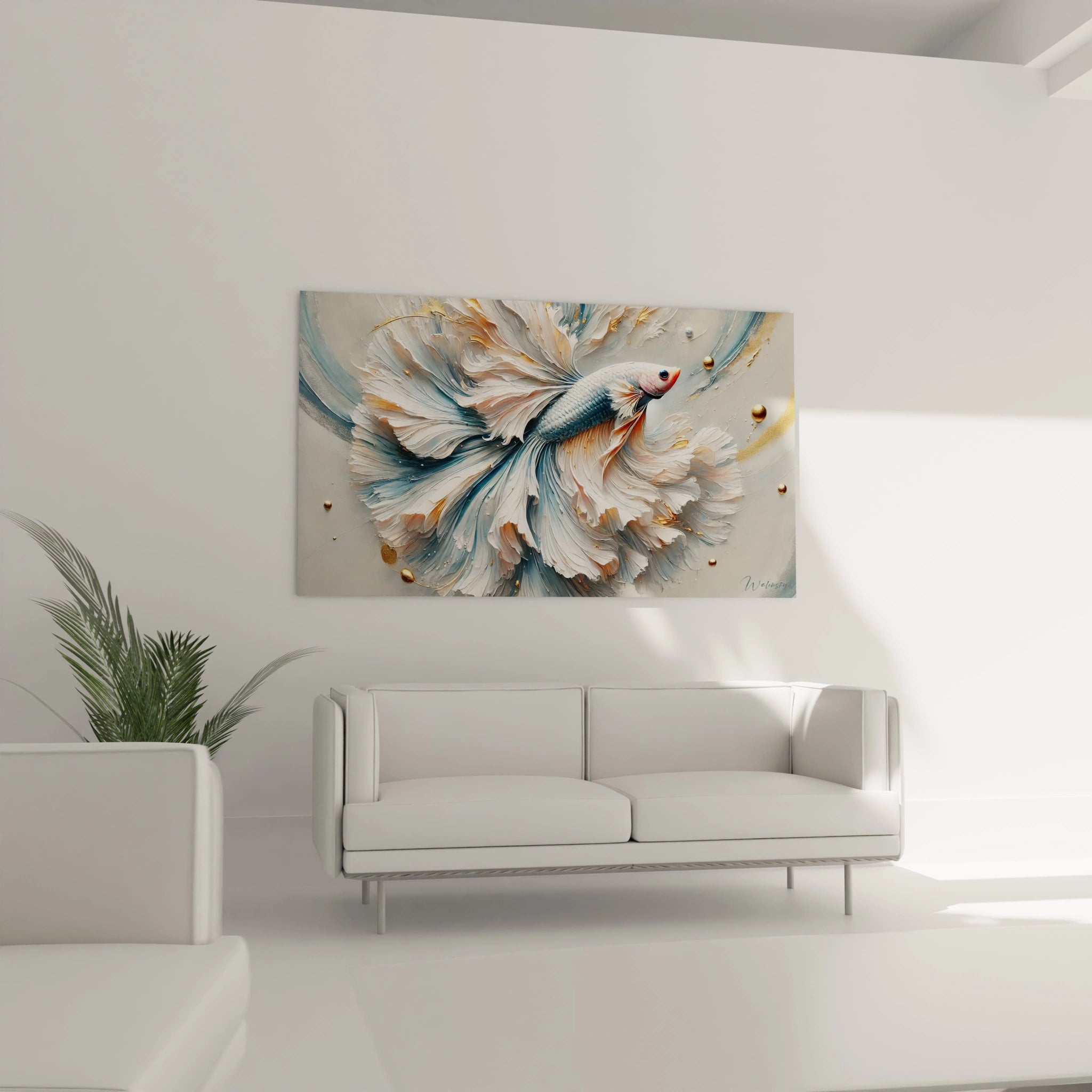 tableau poisson betta dans un salon au-dessus d'un canapé. Les nuances de bleu et or créent une atmosphère élégante et contemporaine, idéal pour un intérieur raffiné.