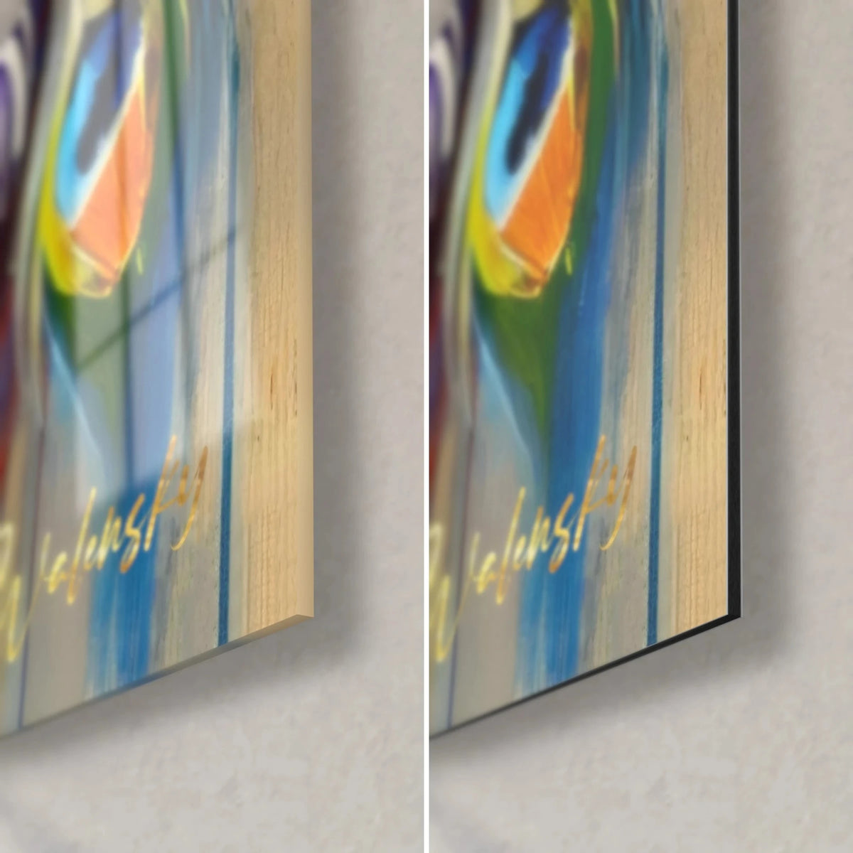 Obraz ptak z pomarańczowymi i niebieskimi oczkami, prawy dolny róg: błyszczące szkło akrylowe po lewej, matowy aluminium Dibond po prawej, krawędź 3 mm