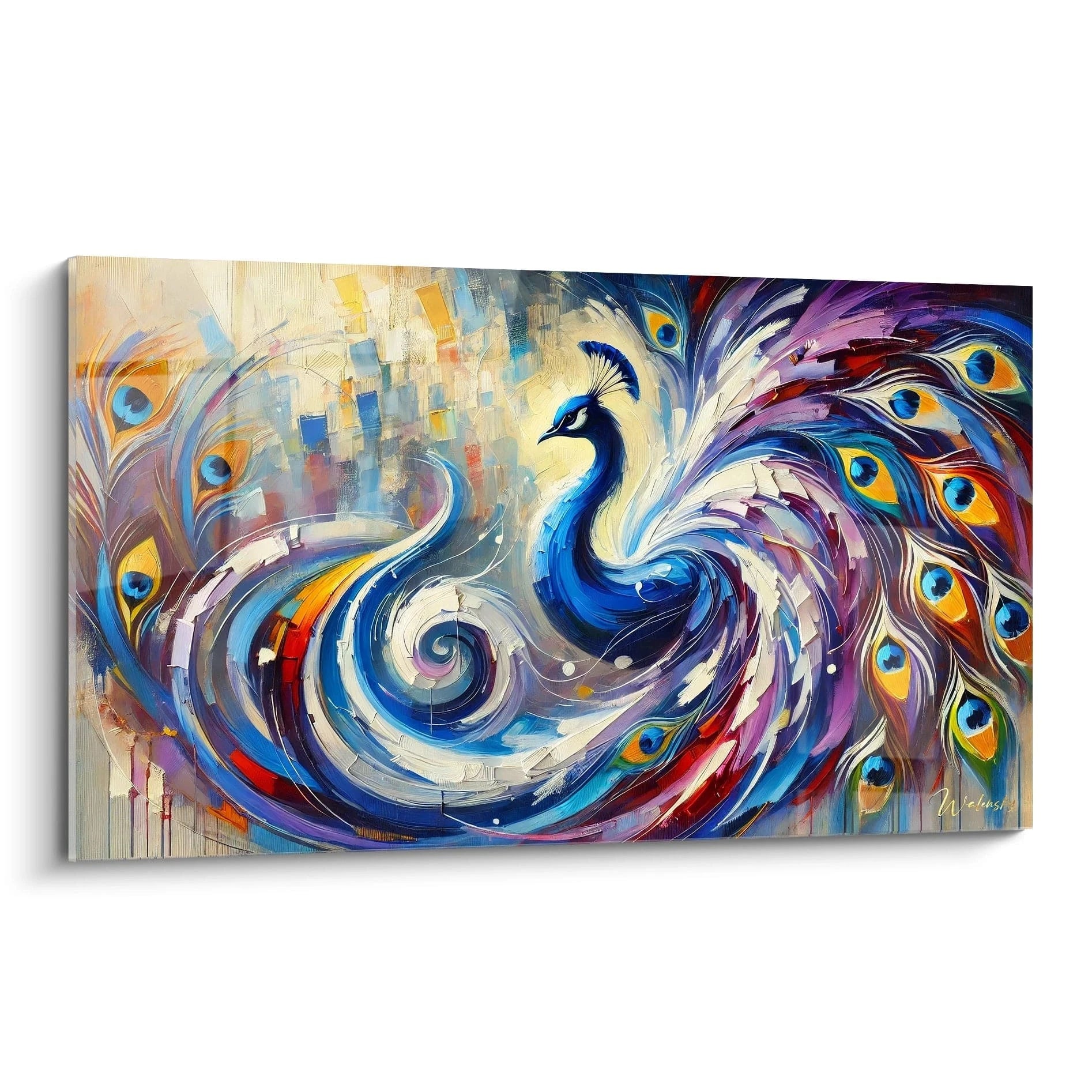 Ce tableau paon, vu de biais, dévoile ses couleurs éclatantes et ses courbes fluides. Il incarne l'élégance avec des plumes majestueuses qui attirent instantanément l'œil dans une mise en scène captivante.