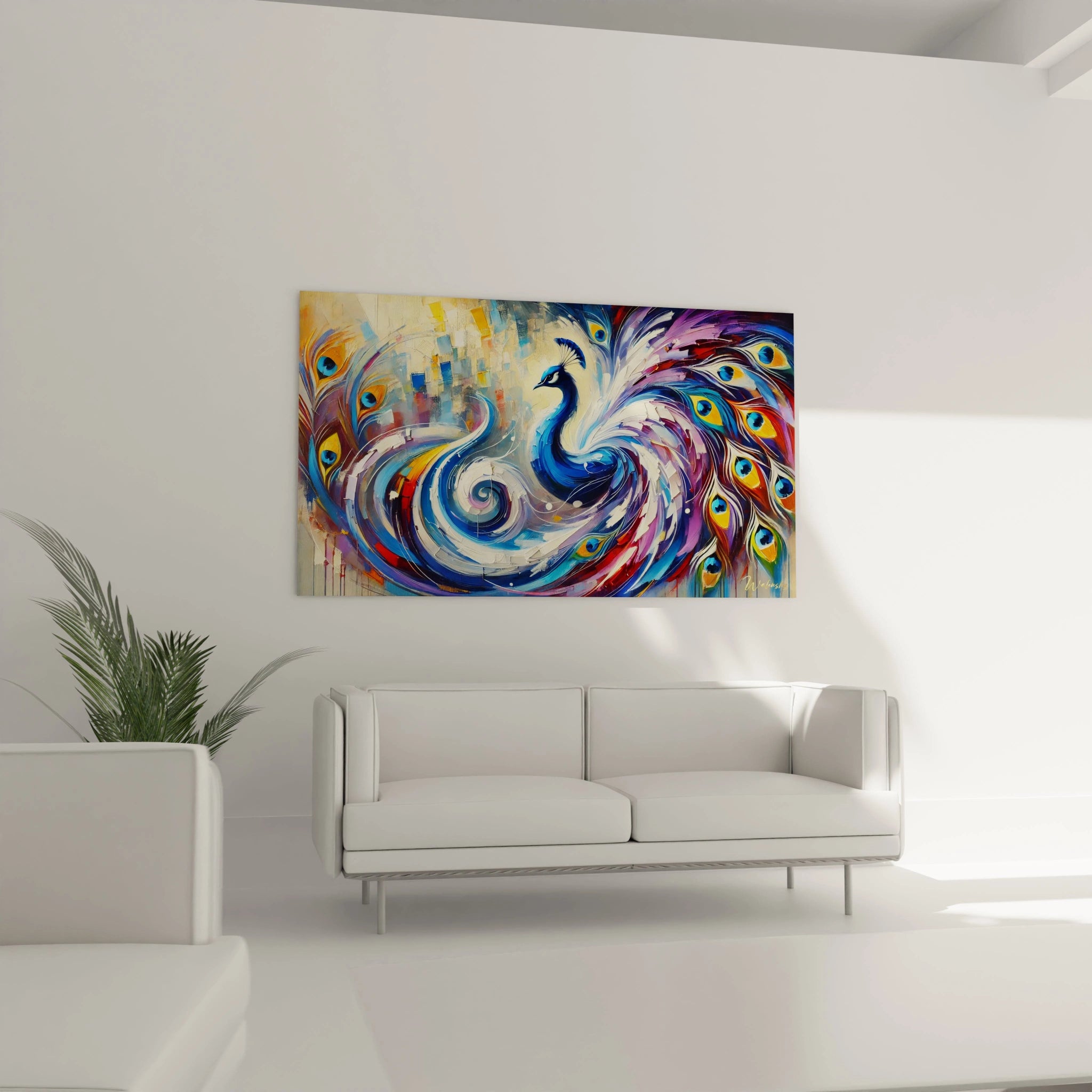 Transformez votre salon avec ce tableau paon accroché au-dessus du canapé. L’énergie des couleurs et les nuances dorées de fond font de ce tableau le point focal parfait pour une décoration moderne.