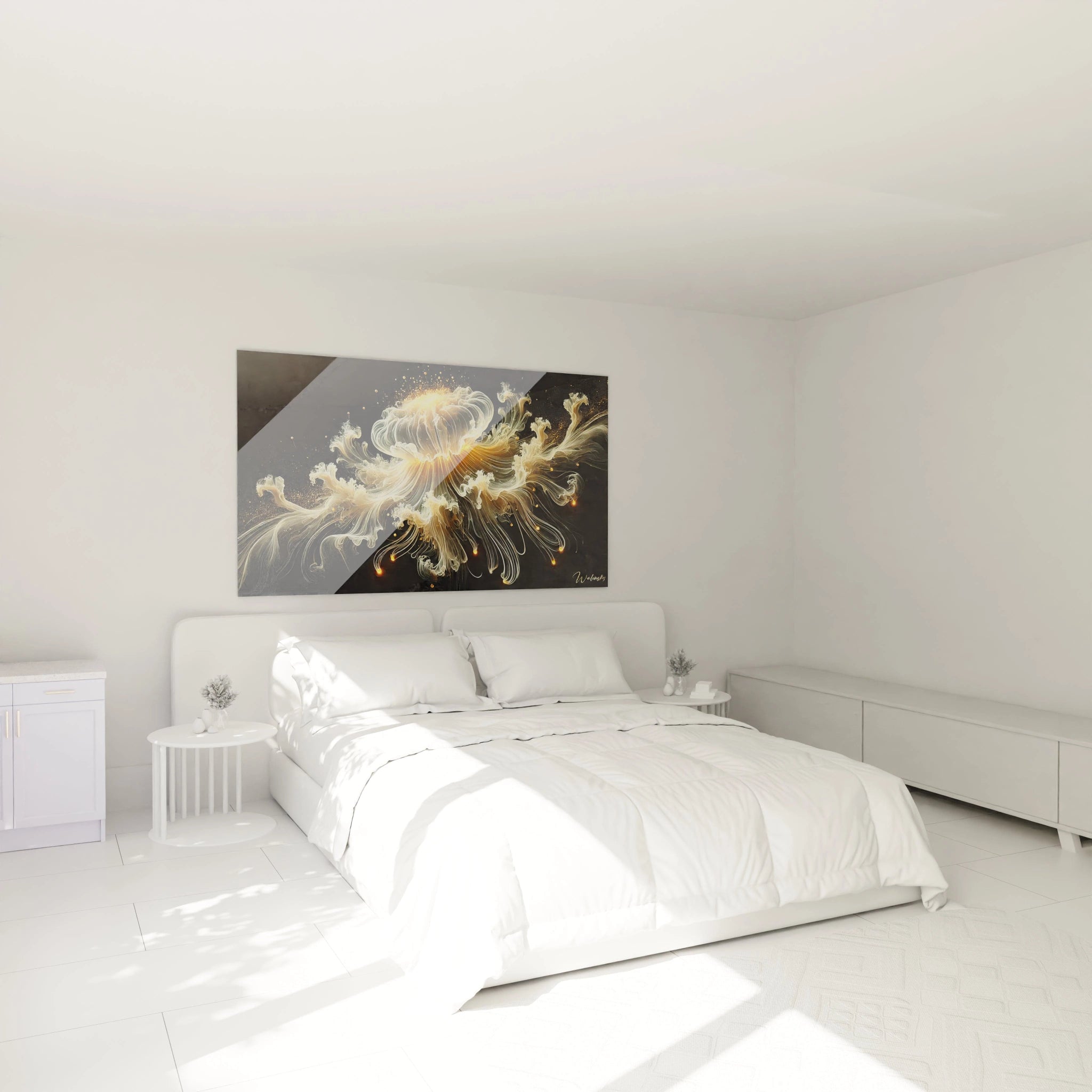 Accroché au-dessus du lit, ce tableau méduse transforme votre chambre en un sanctuaire de sérénité. Ses couleurs vives illuminent l'espace, ajoutant une touche moderne et apaisante à votre décor.