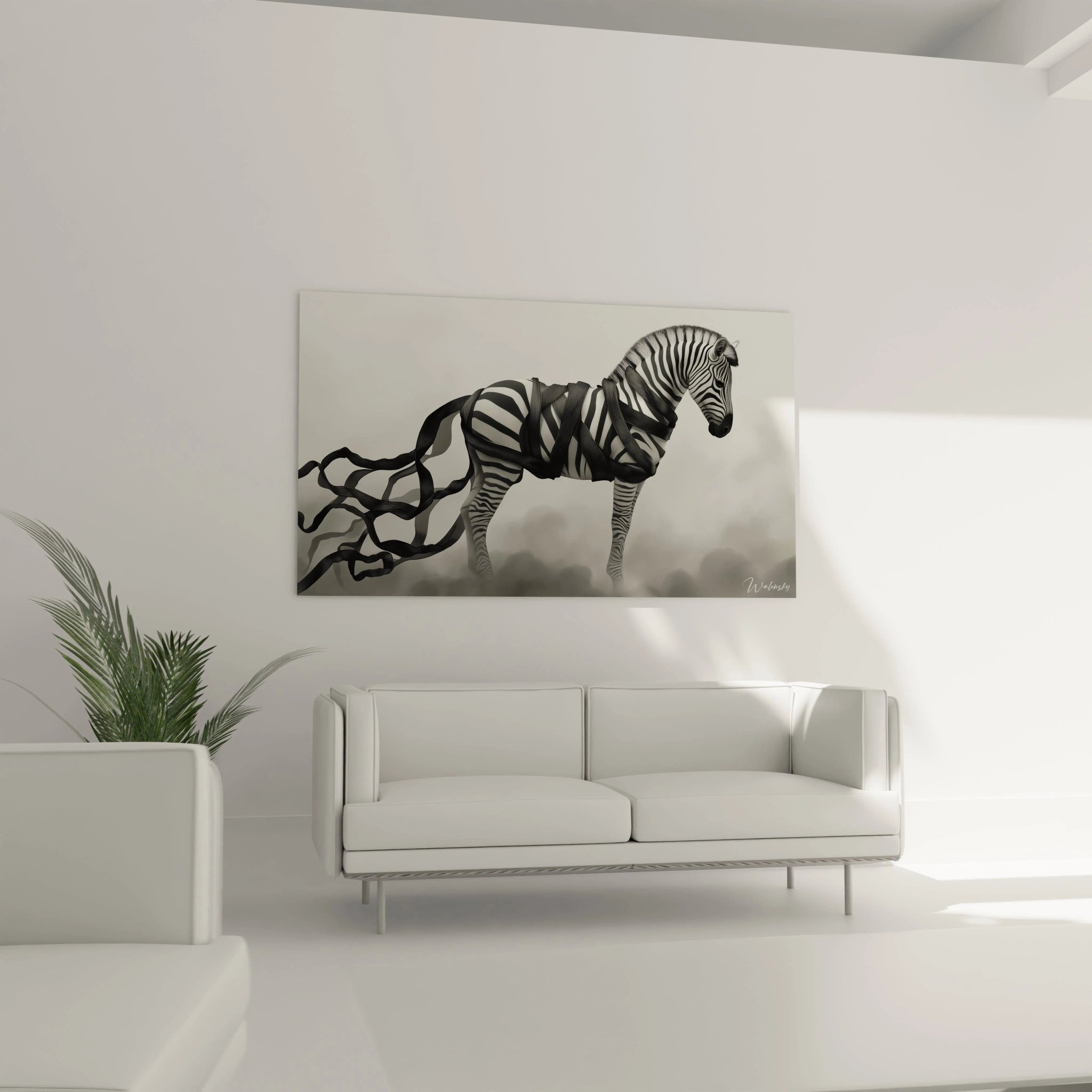 Un tableau surréalisme abstrait illustrant un zÚbre rayé enveloppé de rubans noirs dynamiques. Les teintes dominantes sont le blanc pur, le noir intense et des nuances de gris brumeux.