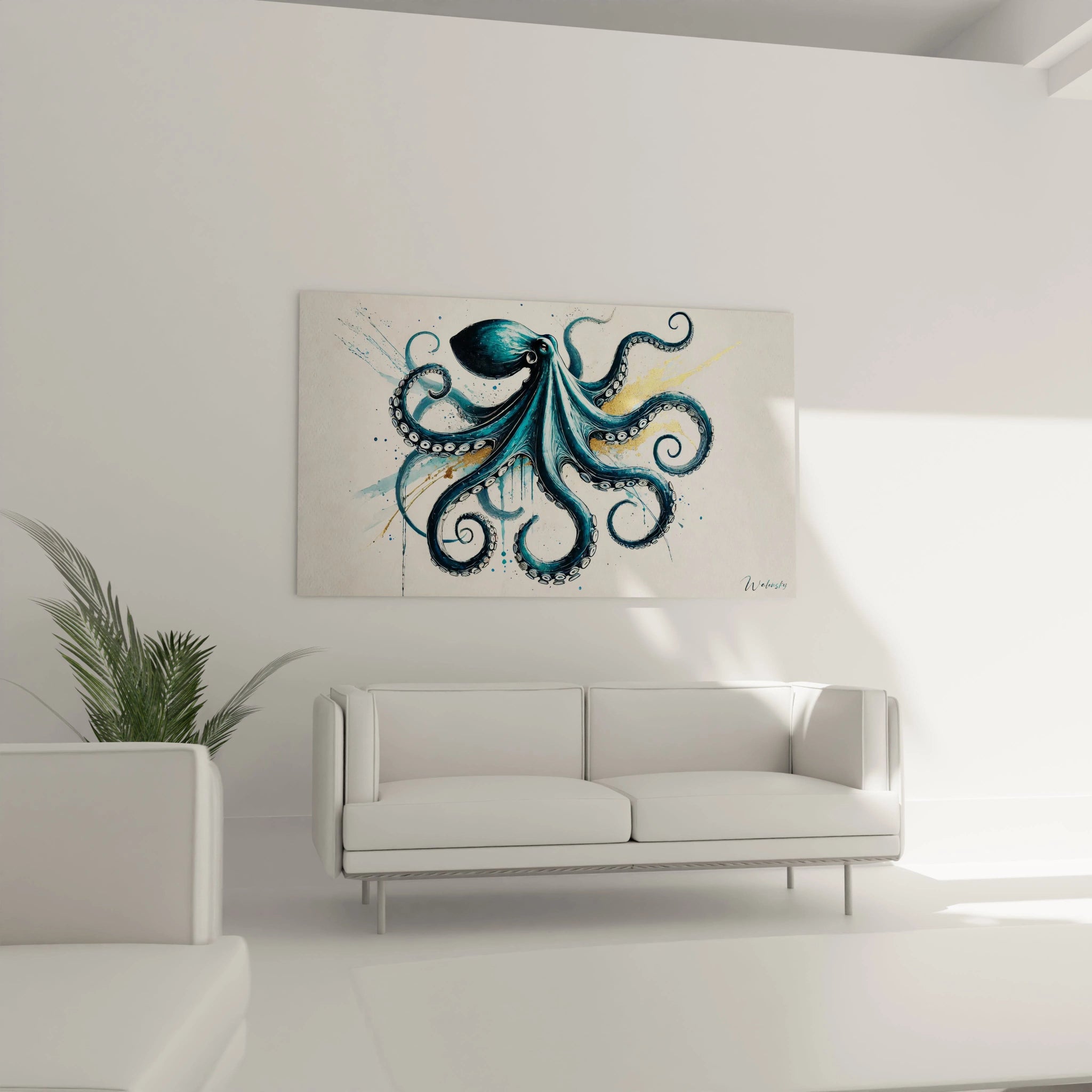 Decorez votre salon avec ce tableau poulpe accroche au-dessus du canape. Un point focal captivant grace a ses details marins et ses eclats dorees sur fond blanc.