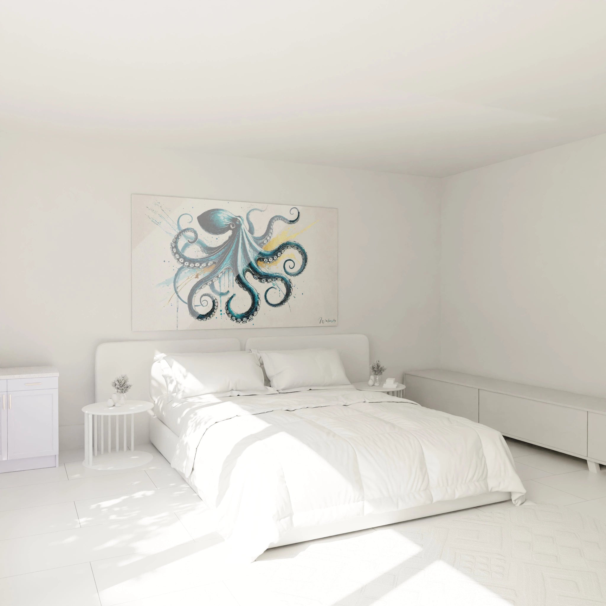 Un tableau poulpe mural dans une chambre apporte une ambiance marine et apaisante. Les touches dorees et les nuances bleues subliment l'espace, pour un effet chic et elegant.