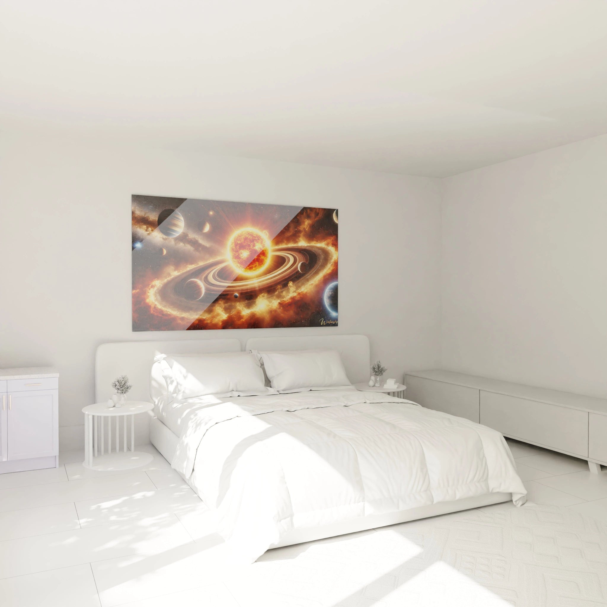 Chambre : Ce tableau Systeme Solaire sublime votre chambre en ajoutant une touche cosmique et inspire une connexion unique avec l'univers. Ideal au-dessus du lit pour une ambiance apaisante.