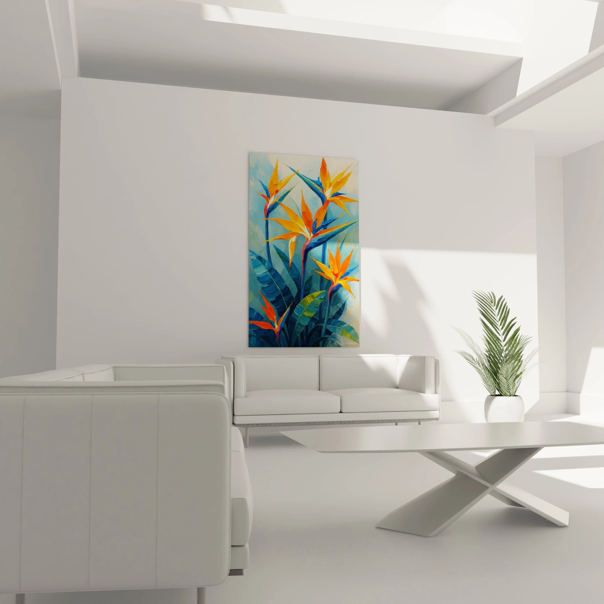 Un tableau oiseaux de paradis aux couleurs vives présentant des fleurs tropicales orange sur tiges bleues, avec un arrière-plan bleu ciel texturé. Les coups de pinceau sont épais et expressifs, créant un effet de mouvement et de profondeur.