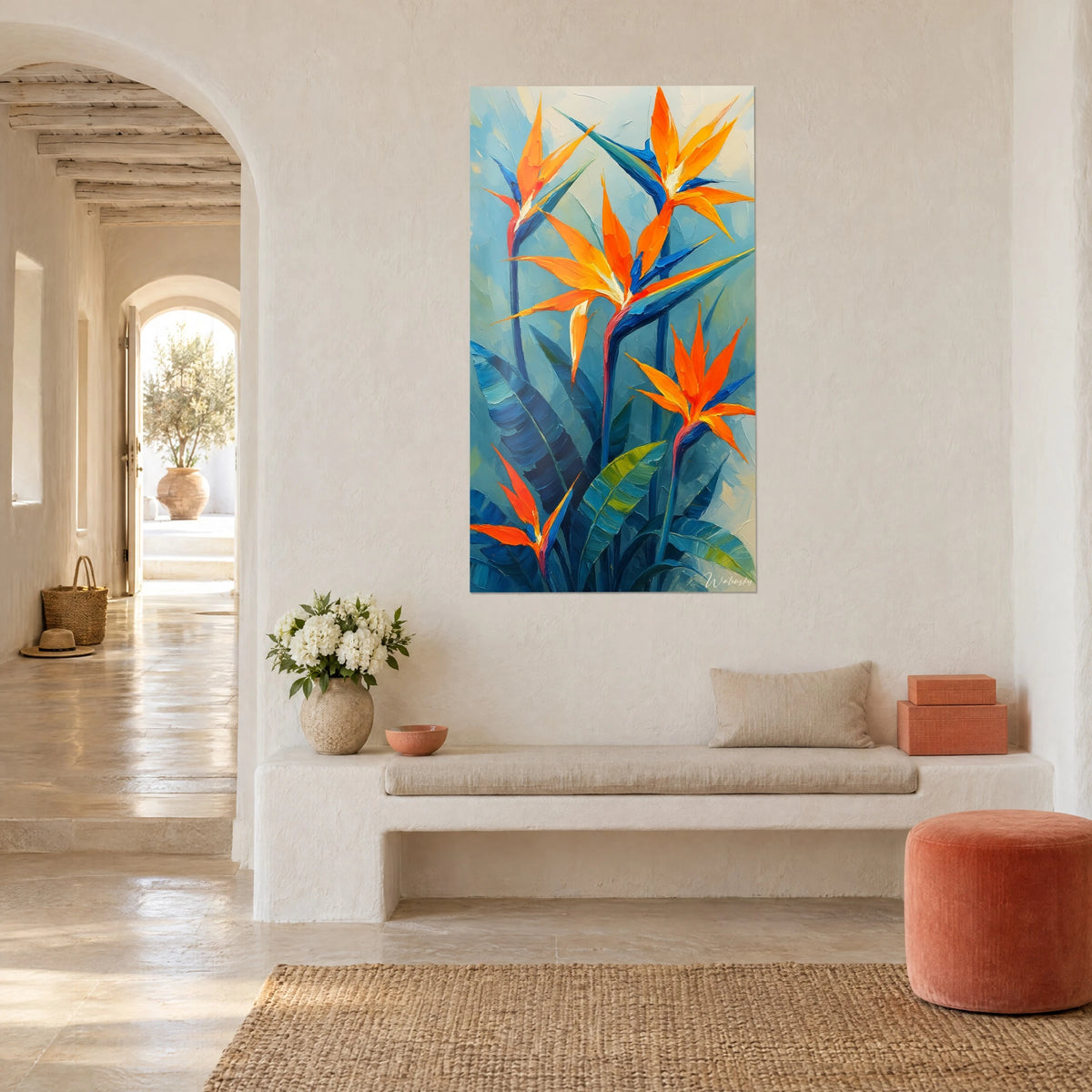 Wall art of blazing strelitzias with tangerine and cobalt blue petals, green leaves, whitewashed wall of a Mediterranean house