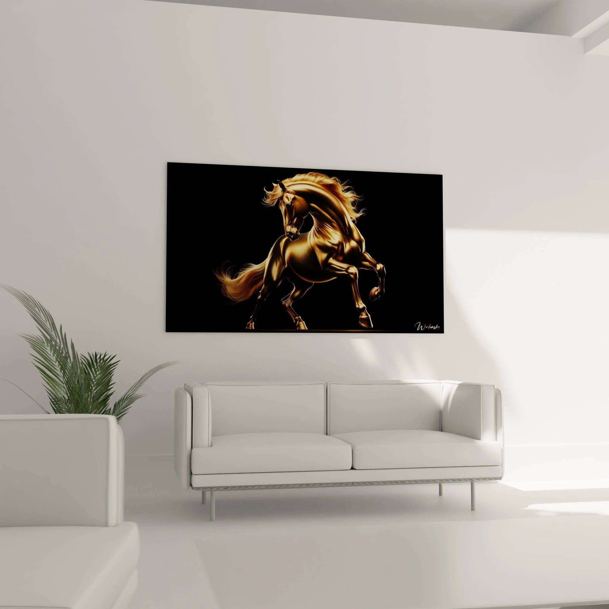 Un tableau d'animal montrant un cheval au corps entièrement doré en plein mouvement. La texture principale évoque un métal précieux parfaitement lisse, contrastant avec les poils fins et détaillés de la crinière et de la queue. Les reflets dorés sur fond noir mettent en valeur les courbes musculaires de l'animal.