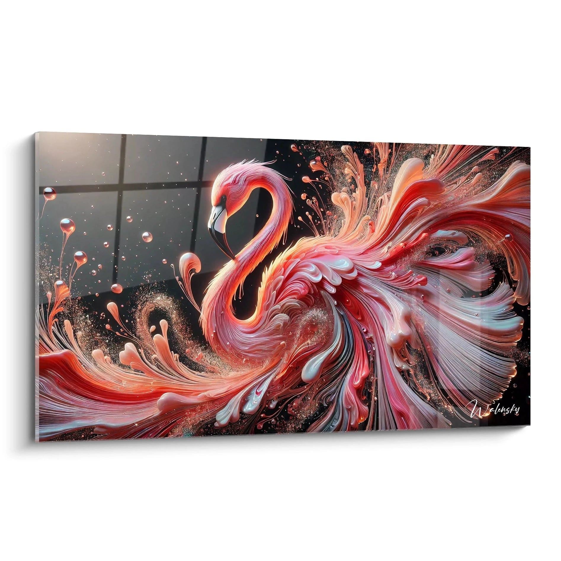 Vue du tableau de biais, mettant en valeur les courbes fluides des plumes du flamant rose et les éclats dorés. Les couleurs rose et or se mêlent harmonieusement, créant un effet lumineux et apaisant.