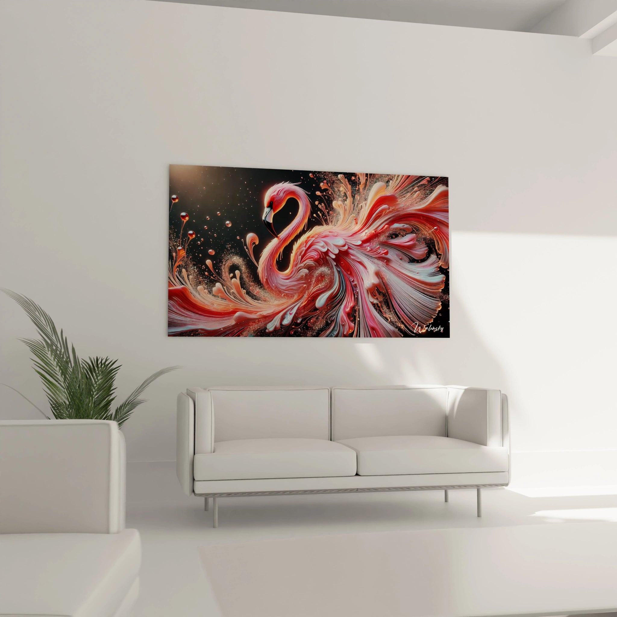 Le tableau, suspendu au-dessus du canapé, illumine le salon avec ses éclats métalliques et ses formes organiques. L'harmonie entre le flamant rose et les couleurs douces ajoute une touche sophistiquée.