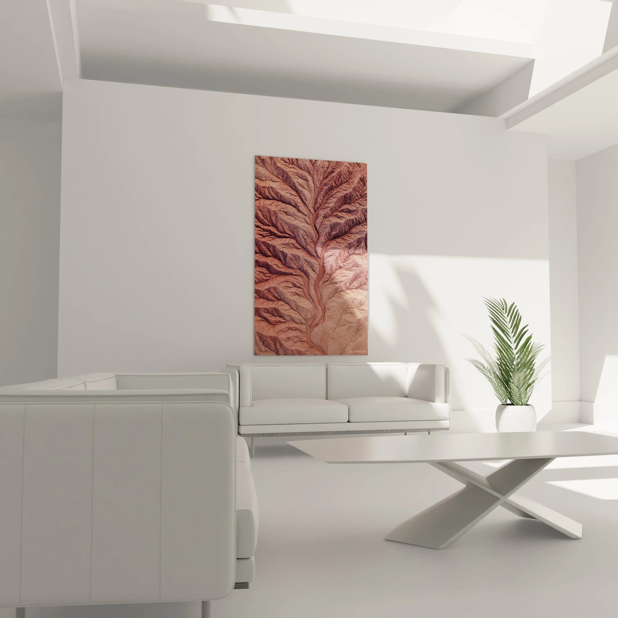 Un tableau vue aérienne représentant un système dendritique de drainage désertique aux tonalités saumonées et terreuses. Les ramifications symétriques s'étendent depuis un axe central, créant un motif organique aux textures finement détaillées.