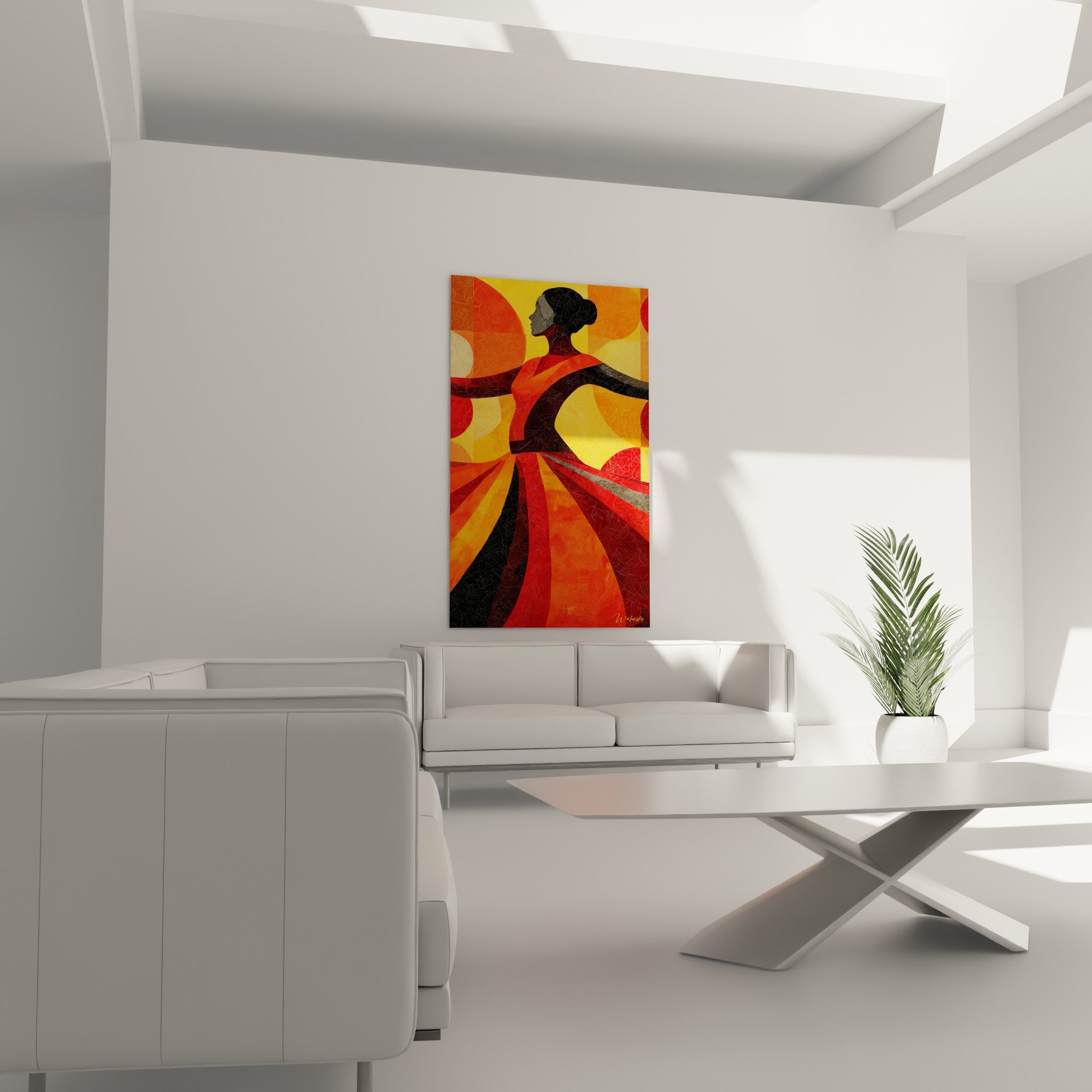 Danse espagnole en aplats rouges et jaunes, geste ample des bras, disposée au-dessus d'un canapé dans un salon lumineux.
