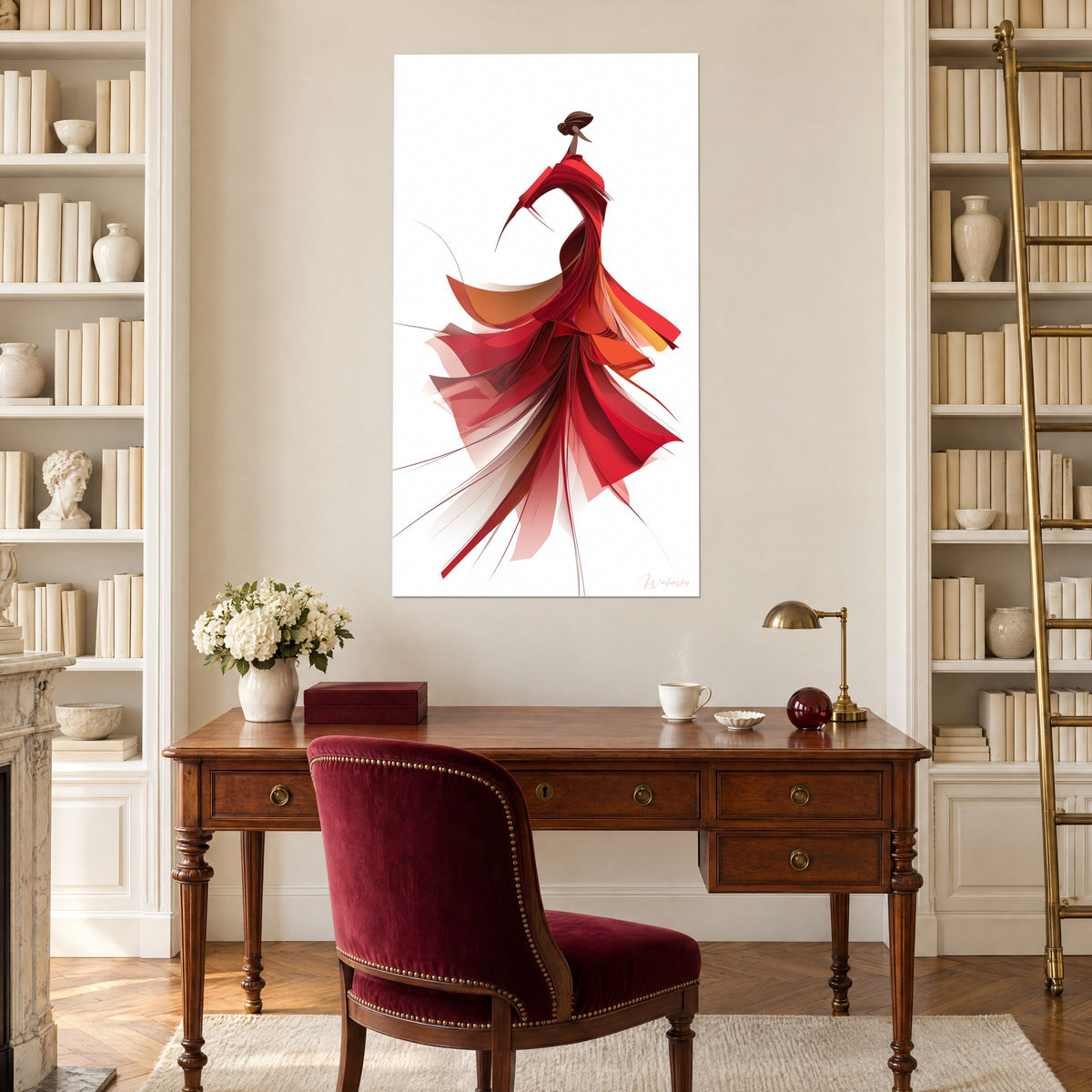 Quadro di una zingara in movimento, drappeggi scarlatti e arancio, filamenti spiegati, sopra una scrivania in legno e una poltrona bordeaux