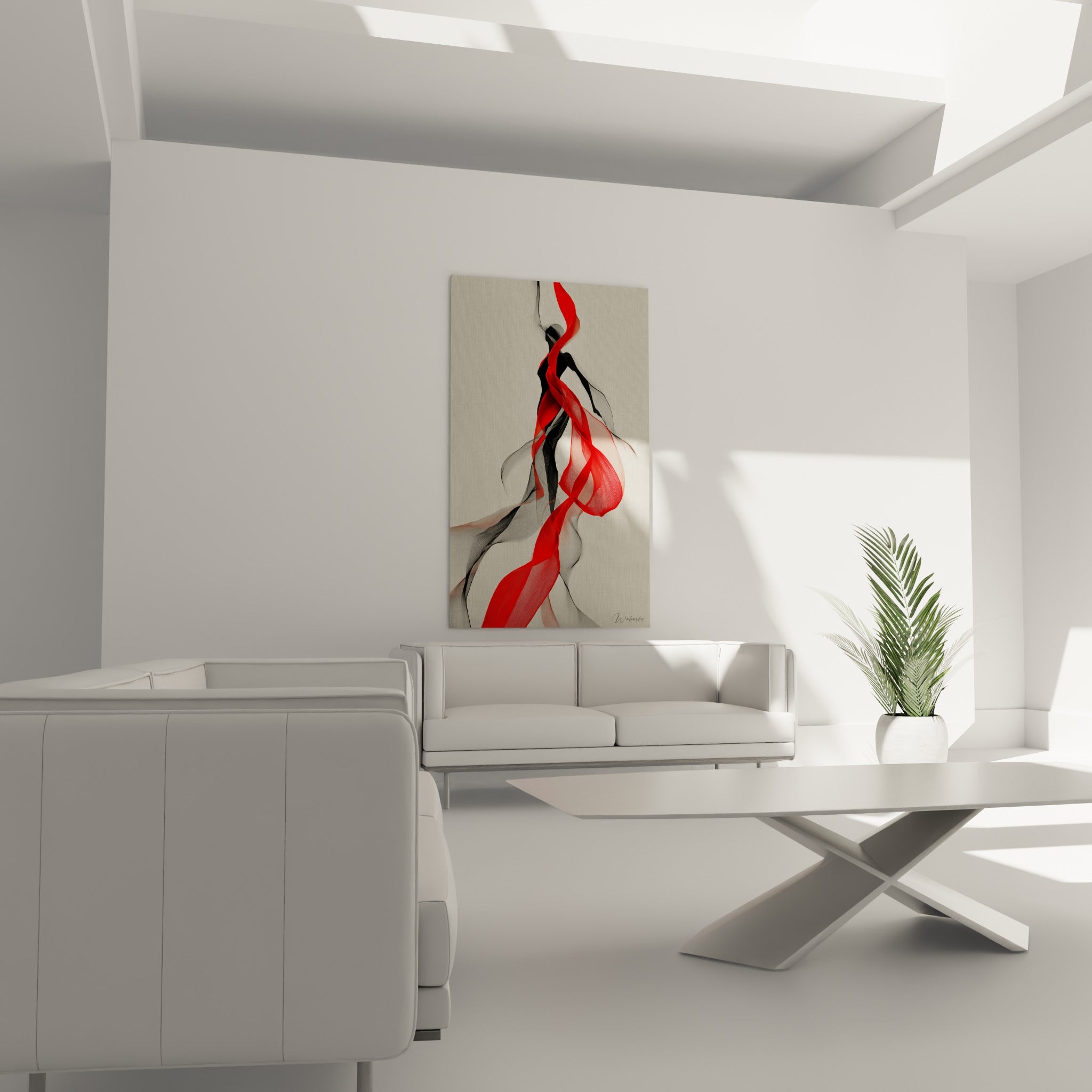 Ruban écarlate enroulant une silhouette anthracite, tableau Danse espagnole placé au-dessus d'un canapé dans un salon lumineux