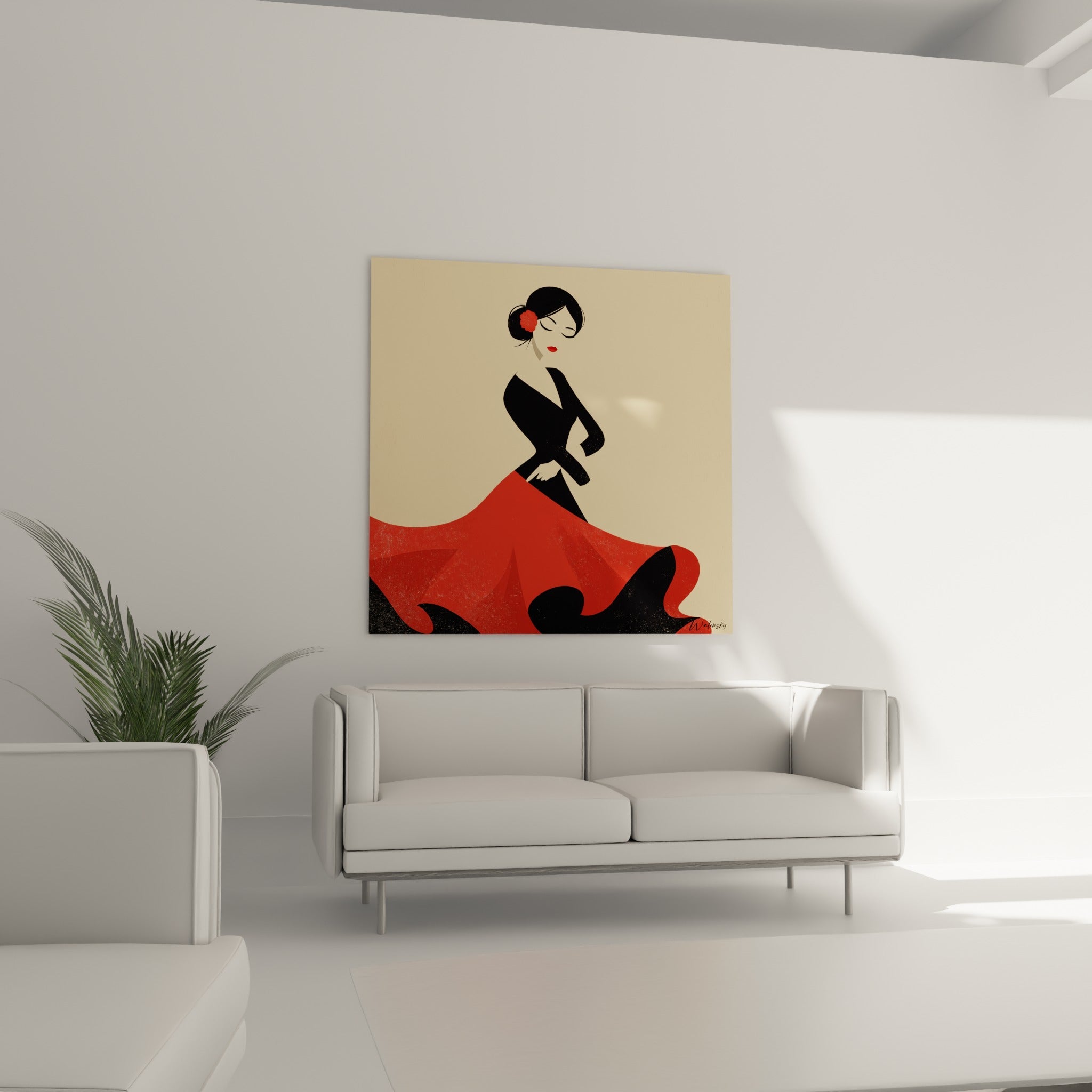 Tableau danseuse espagnole robe rouge vif et corsage noir, disposé au-dessus d'un canapé dans un salon lumineux