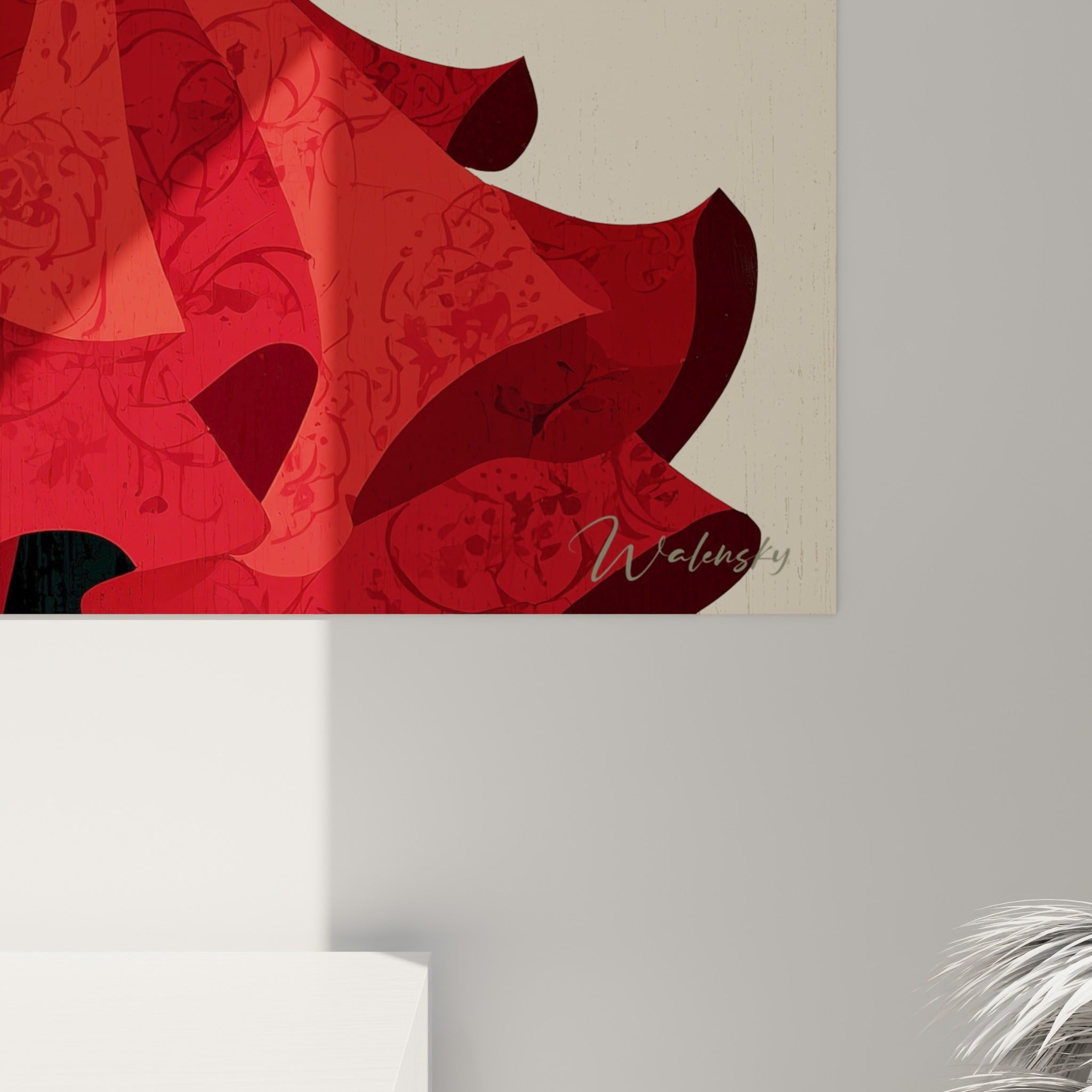 Détail des volants rouge sang et du feuillage vert sauge peints avec grain sur ce tableau danse espagnole