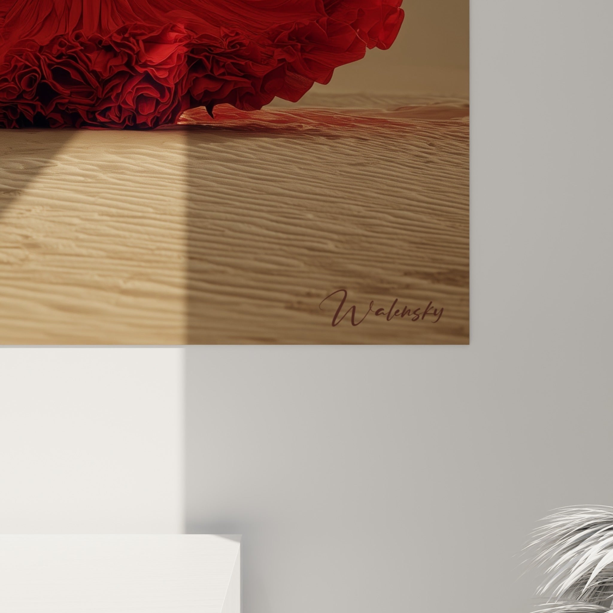 Détail des plis rouges et de la lumière ambrée de ce tableau danse espagnole, texture et grain visibles de près