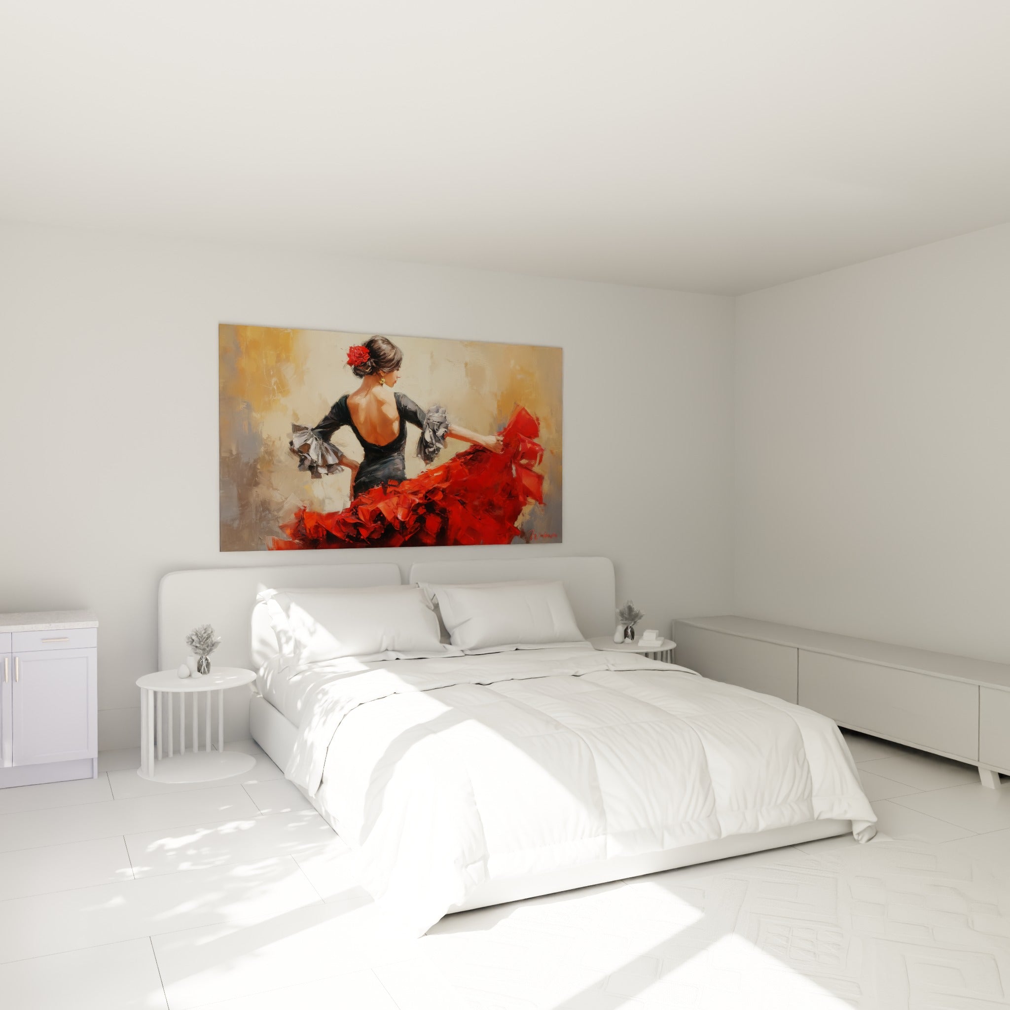 Silhouette de flamenco au rouge vif et gris perle accrochée au-dessus d'un lit dans une chambre claire