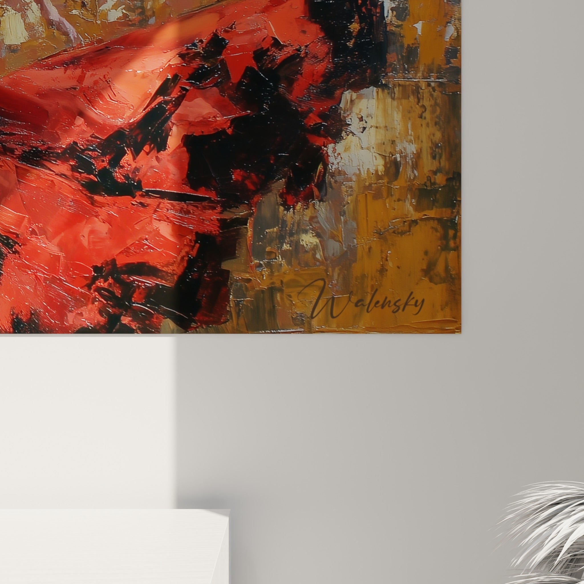 Empâtements de peinture rouge et ocre sur cette œuvre de danse espagnole, coulures noires et grain visible du tissu peint