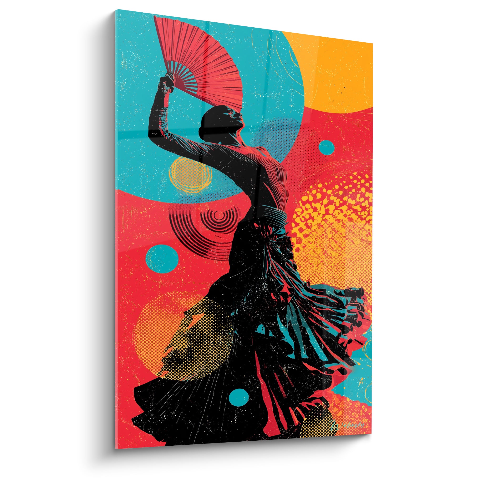 Danseuse flamenco silhouette noire, éventail rouge, fond turquoise et orangé graphique