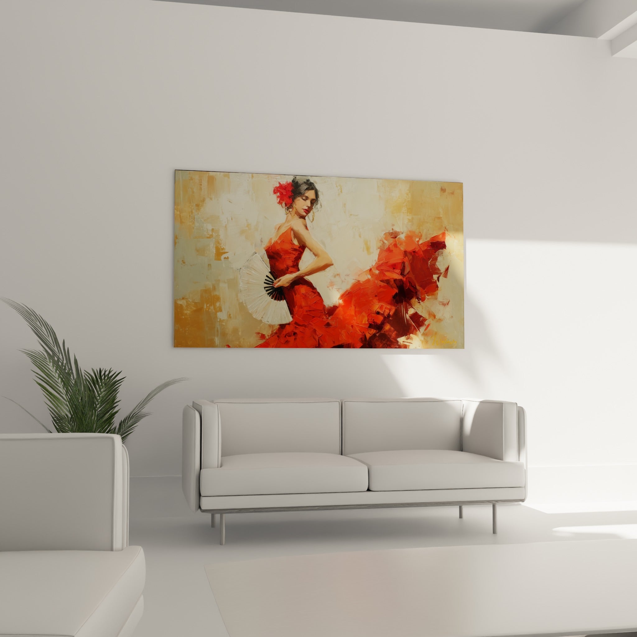 Femme en robe rouge tenant un éventail noir et blanc, au-dessus d'un canapé dans un salon lumineux