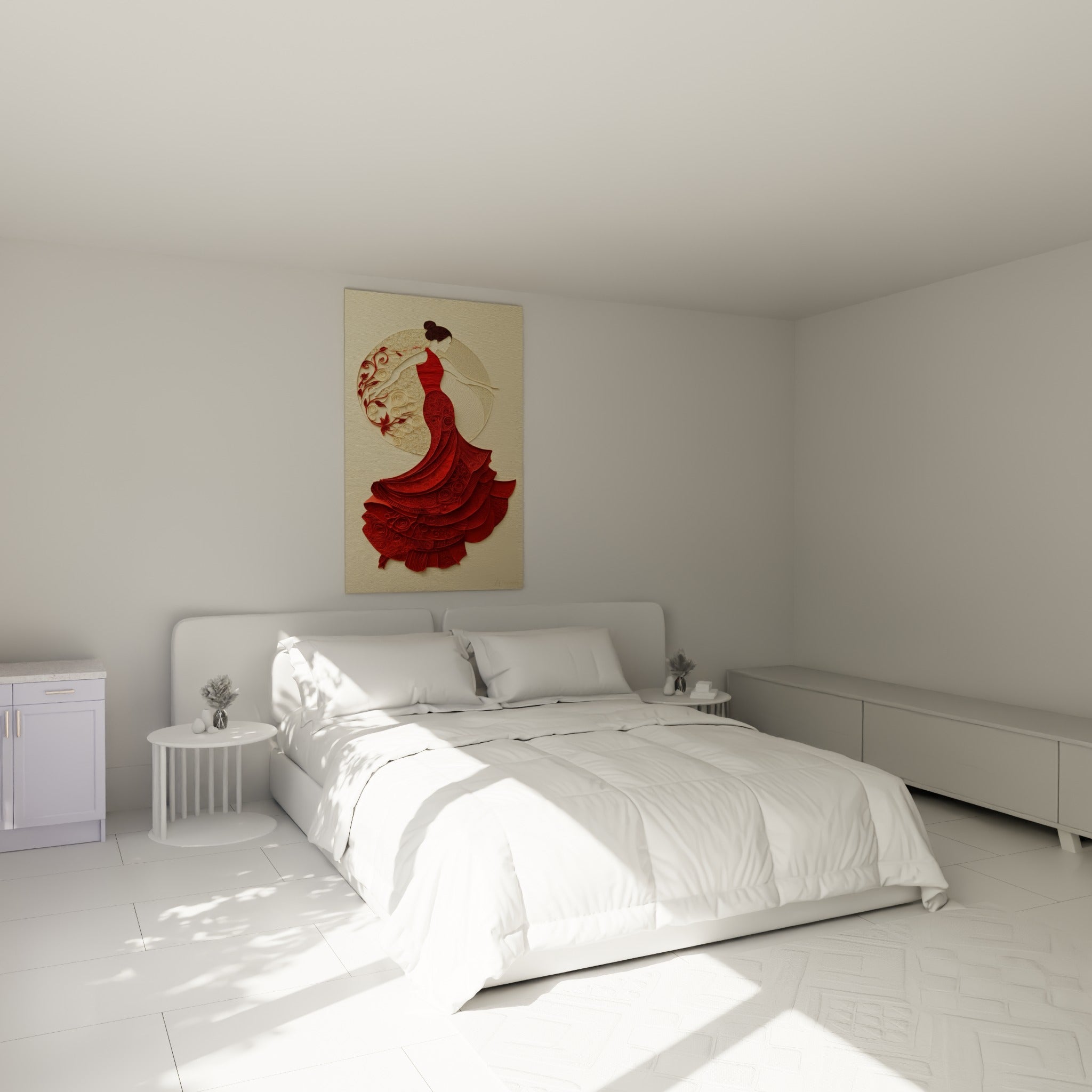 Silhouette flamenco rouge bordeaux et ivoire déployée en volants, au-dessus d'un lit dans une chambre claire