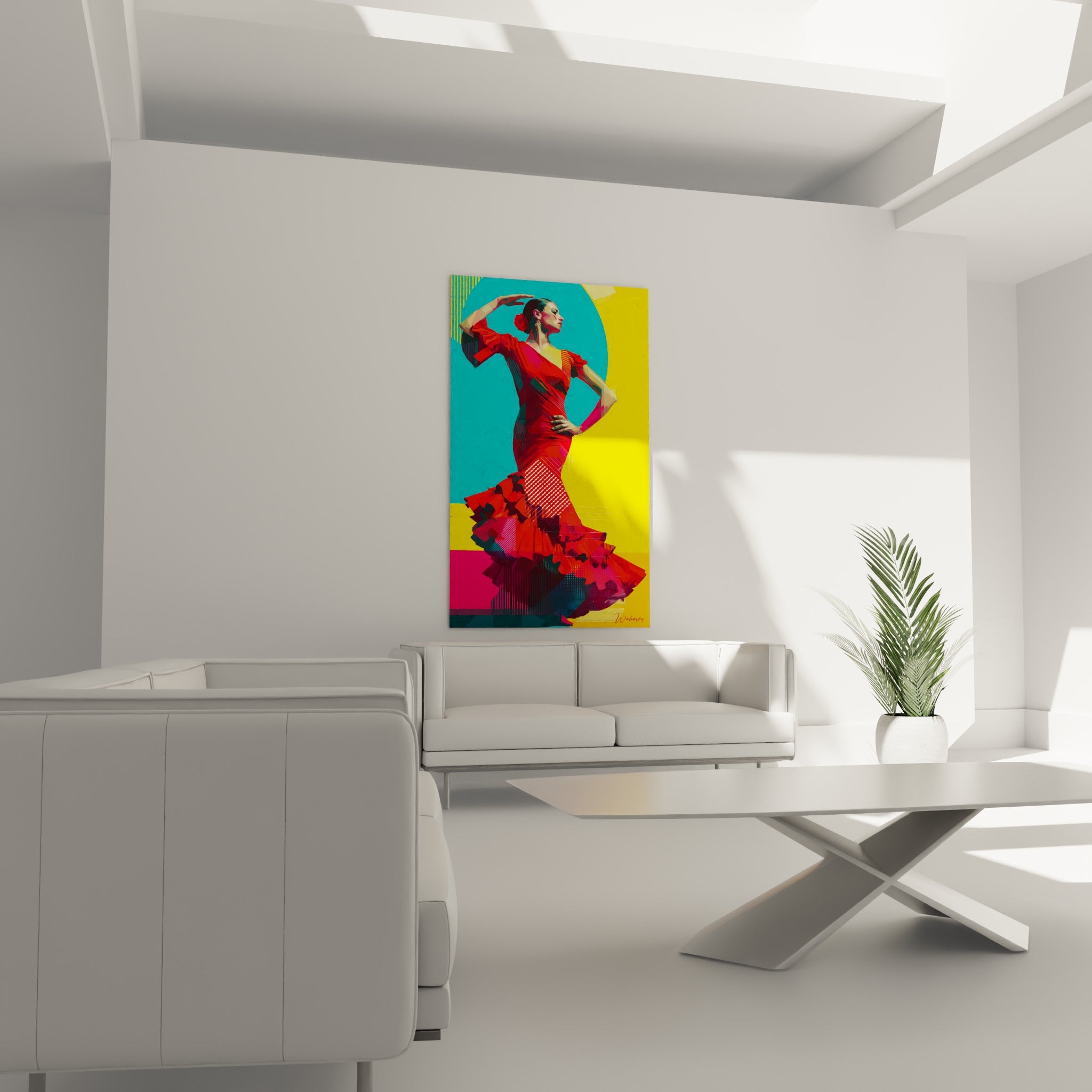 Robe rouge à volants et fond jaune vif au-dessus d'un canapé dans un salon lumineux