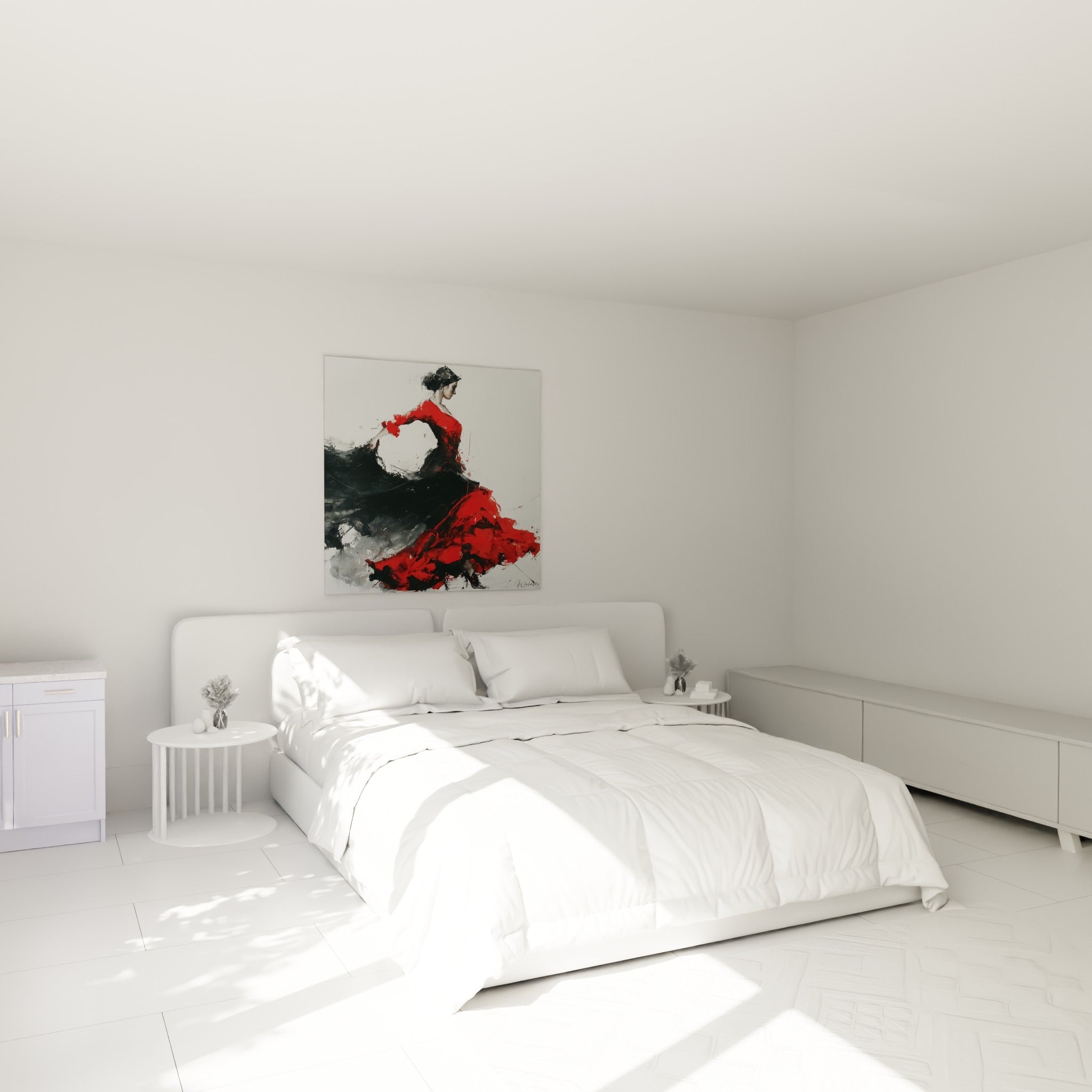 Silhouette rouge et noire en plein tourbillon flamenco au-dessus d'un lit dans une chambre claire