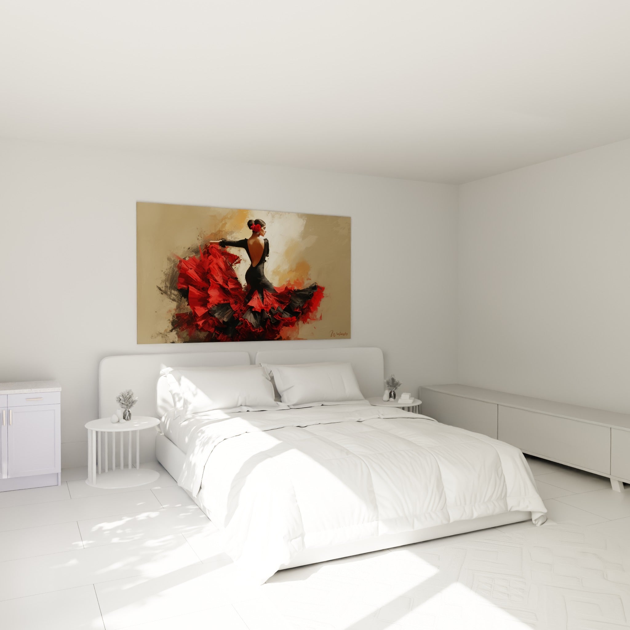 Silhouette flamenco en rouge écarlate et noir, tissu déployé, au-dessus d'un lit dans une chambre claire
