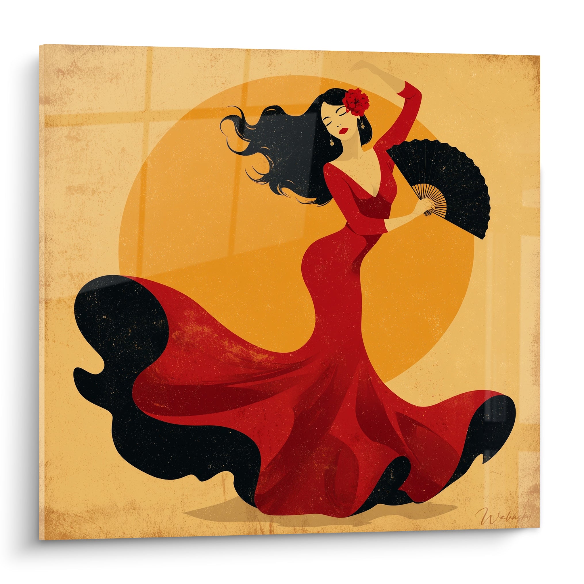 Danseuse de flamenco en robe rouge et éventail noir sur fond ocre, tableau danse espagnole