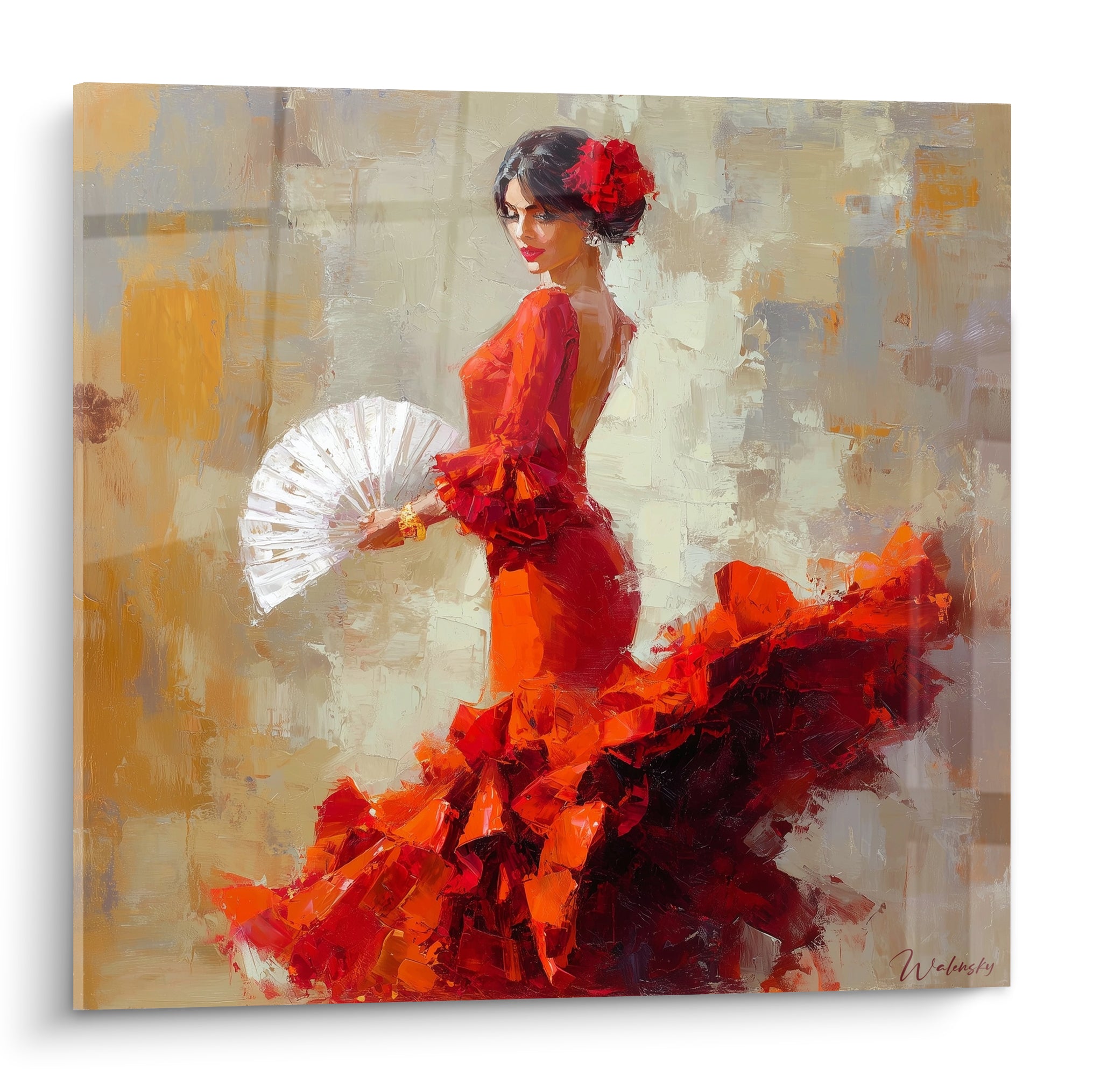 Danseuse flamenco en robe rouge et orangée agitant un éventail blanc, fond ocre patiné