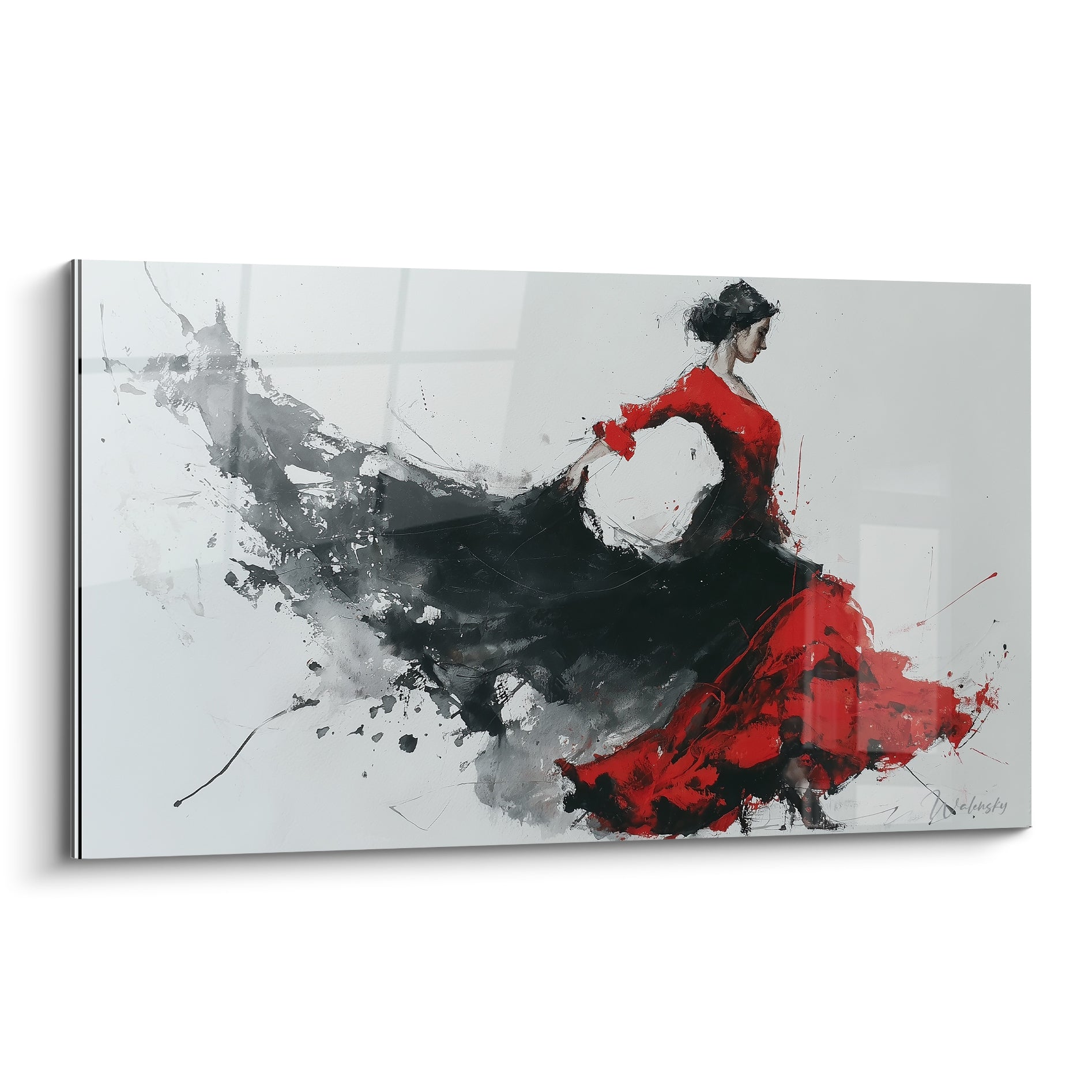 Danseuse de flamenco en robe rouge et noire tourbillonnante, style expressionniste sur fond clair
