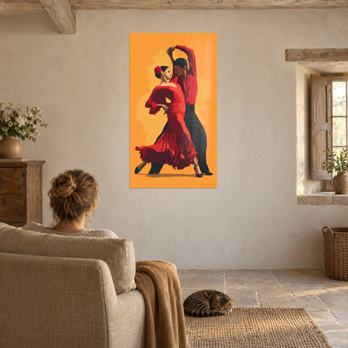Wall art flamenco embrace, crimson ruffles on a golden orange background, a woman seen from behind in the armchair, tabby cat curled up near the stone wall