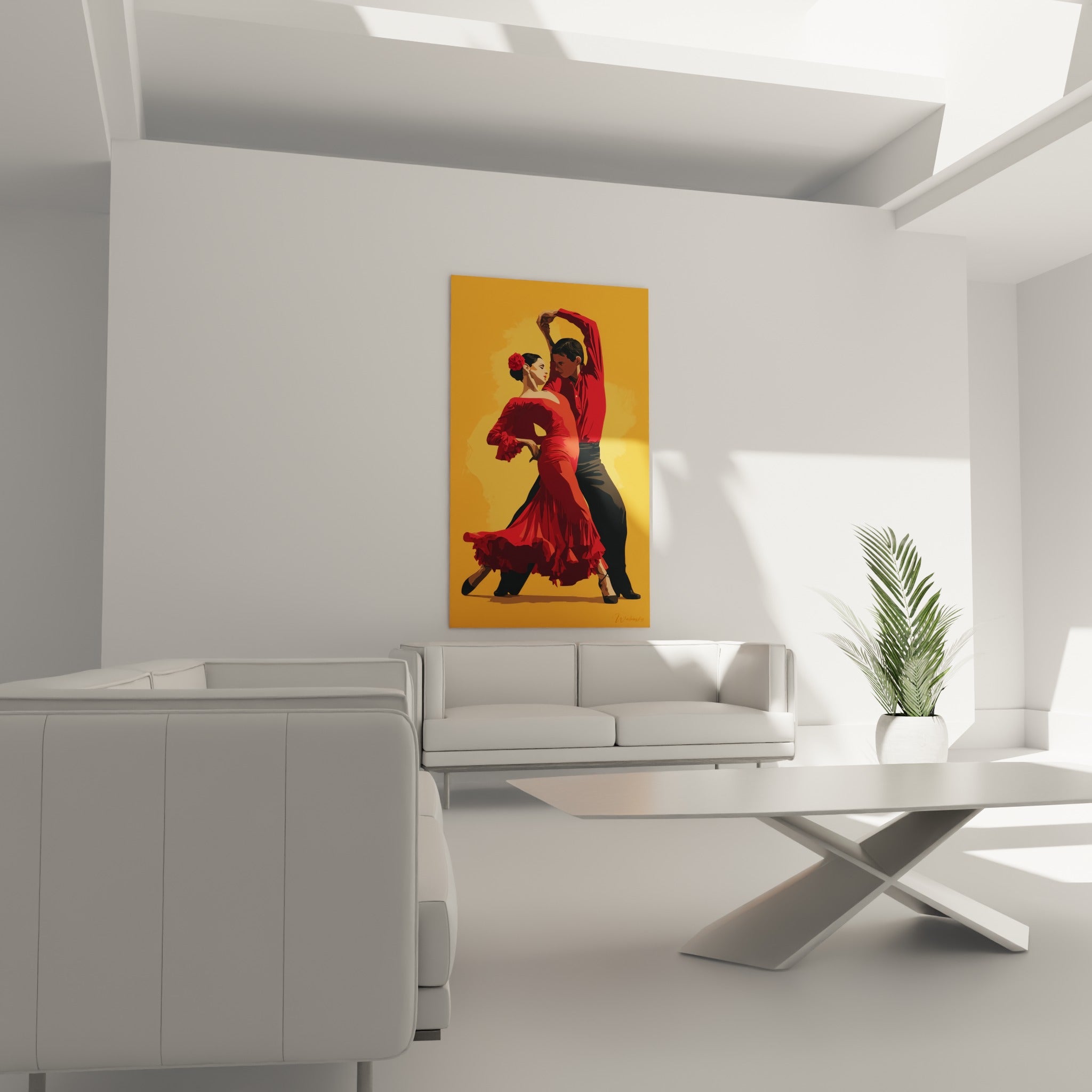 Tangueurs vêtus de rouge et noir sur fond doré accrochés au-dessus d'un canapé dans un salon lumineux