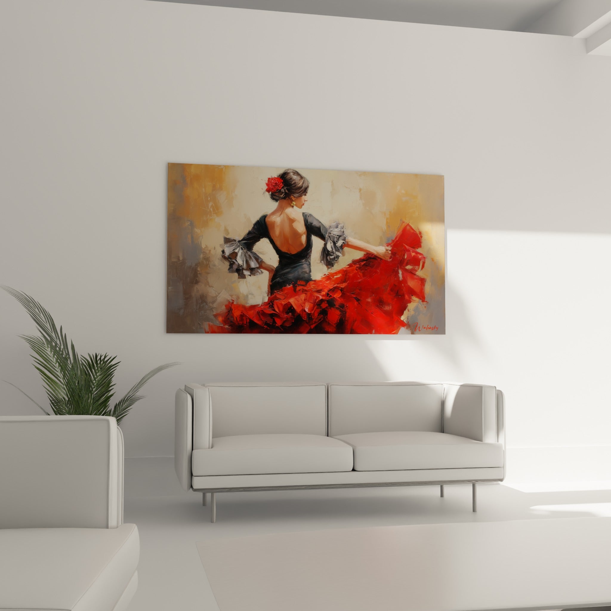 Jupe rouge tournoyante et corsage noir de la danseuse espagnole au-dessus d'un canapé dans un salon lumineux