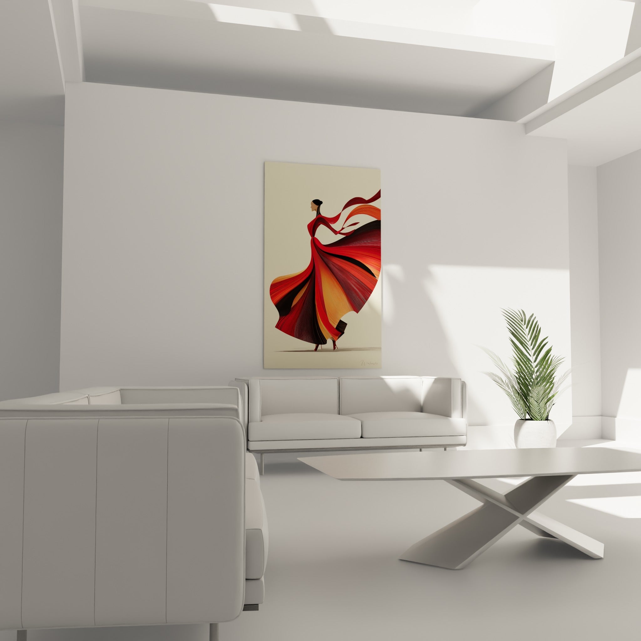 Robe ocre et rouge en plein mouvement, tableau Danse espagnole au-dessus d'un canapé dans un salon lumineux