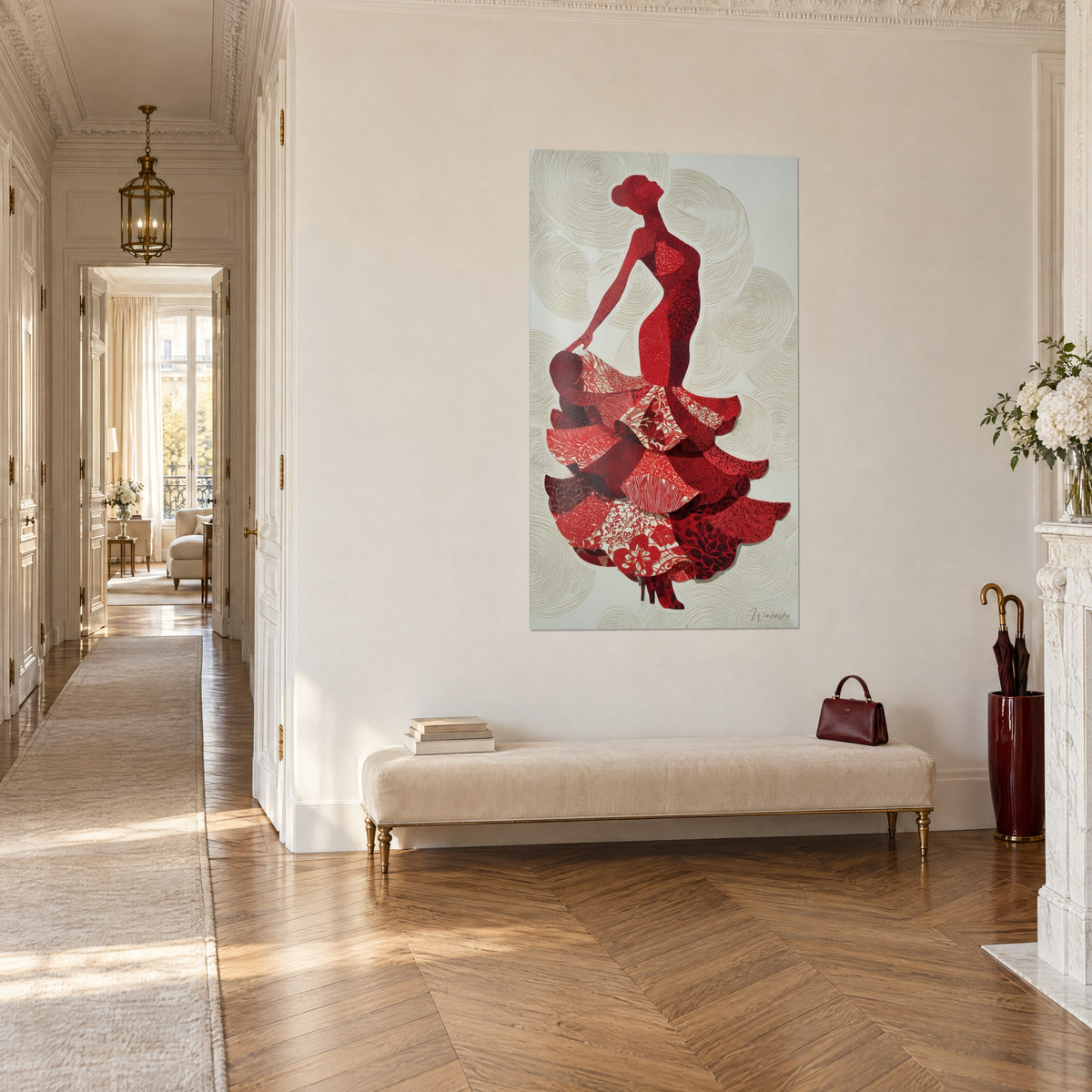 Wall art of a flamenco silhouette cut from red and white papers, ivory raised spirals, Haussmann corridor with parquet flooring