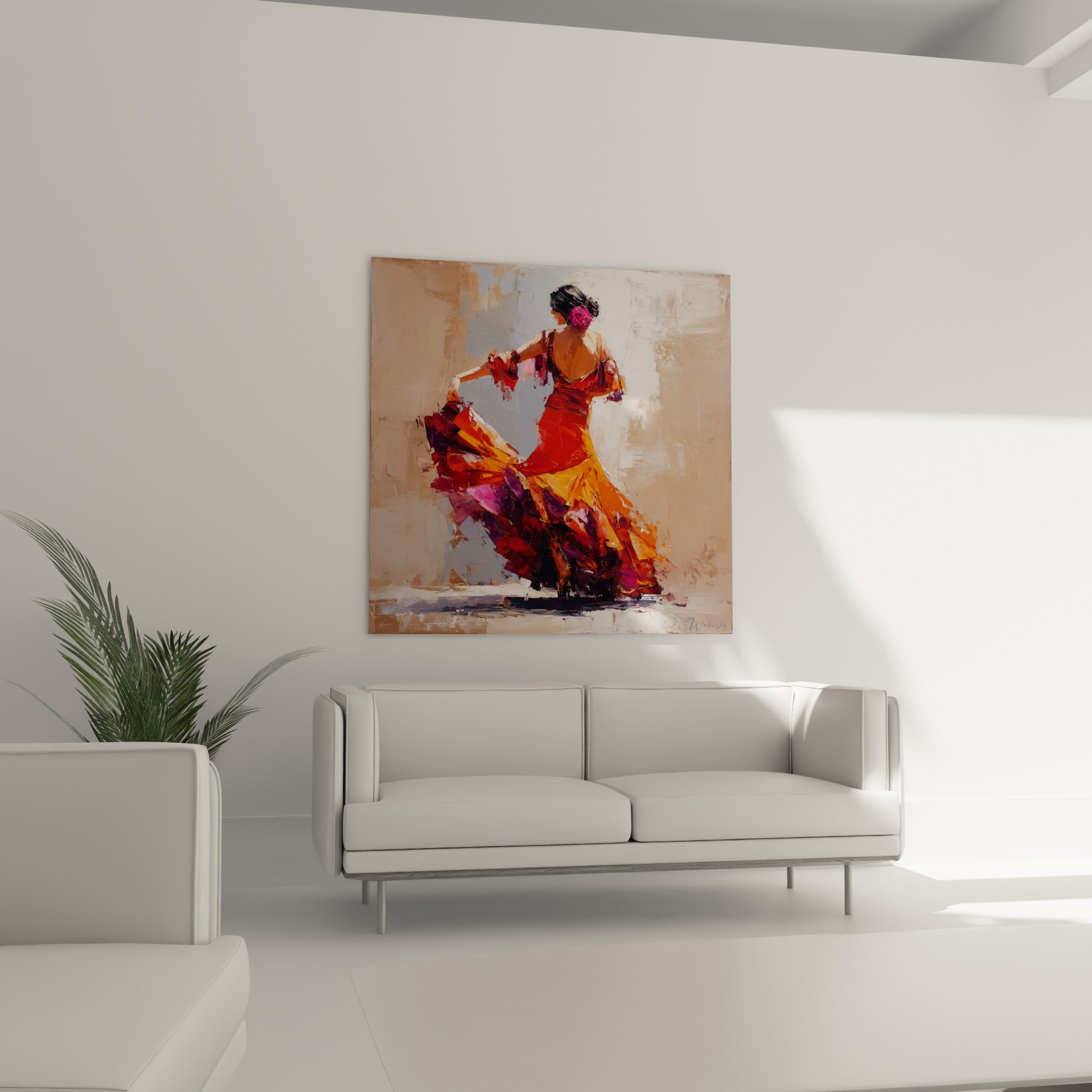 Mouvement gracieux d'une danseuse en jupe orange et violette, positionné au-dessus d'un canapé dans un salon lumineux