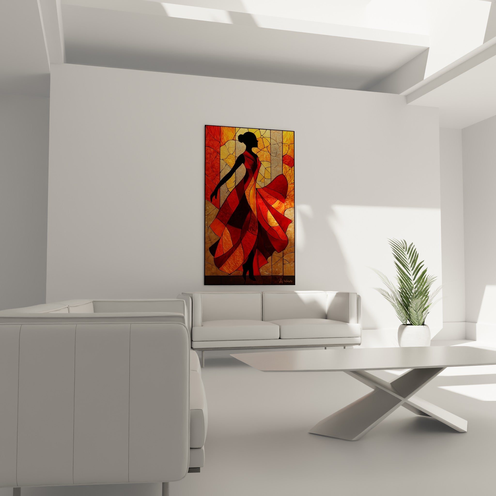 Robe tourbillonnante rouge cramoisi et doré, tableau Danse espagnole au-dessus d'un canapé dans un salon lumineux