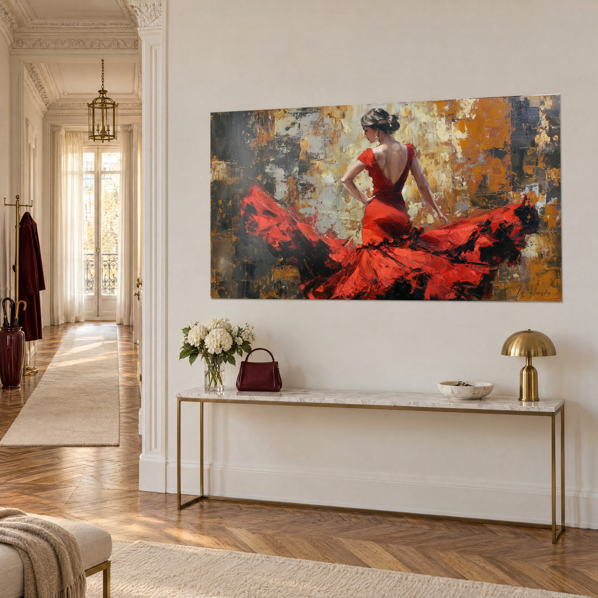 Wall art Spanish dancer with a braided bun, carmine and black ruffles on a golden background, in a Haussmann-style hallway