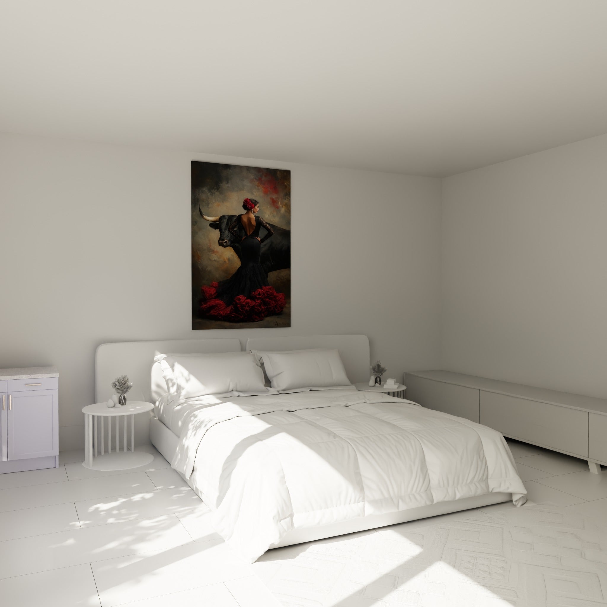 Silhouette flamenco en noir et rouge bordeaux disposée au-dessus d'un lit dans une chambre claire