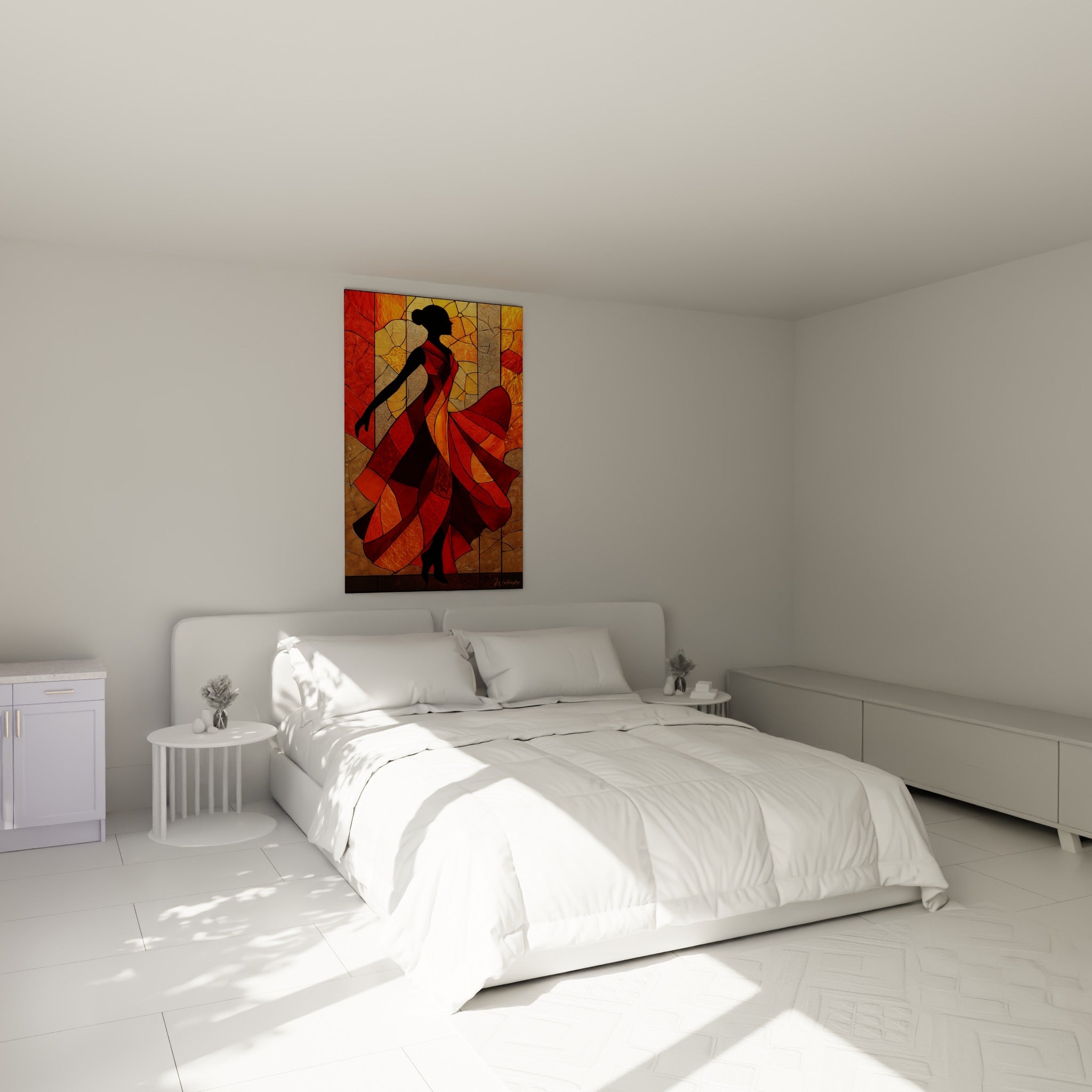 Silhouette flamenco rouge et ambre, tableau Danse espagnole au-dessus d'un lit dans une chambre claire