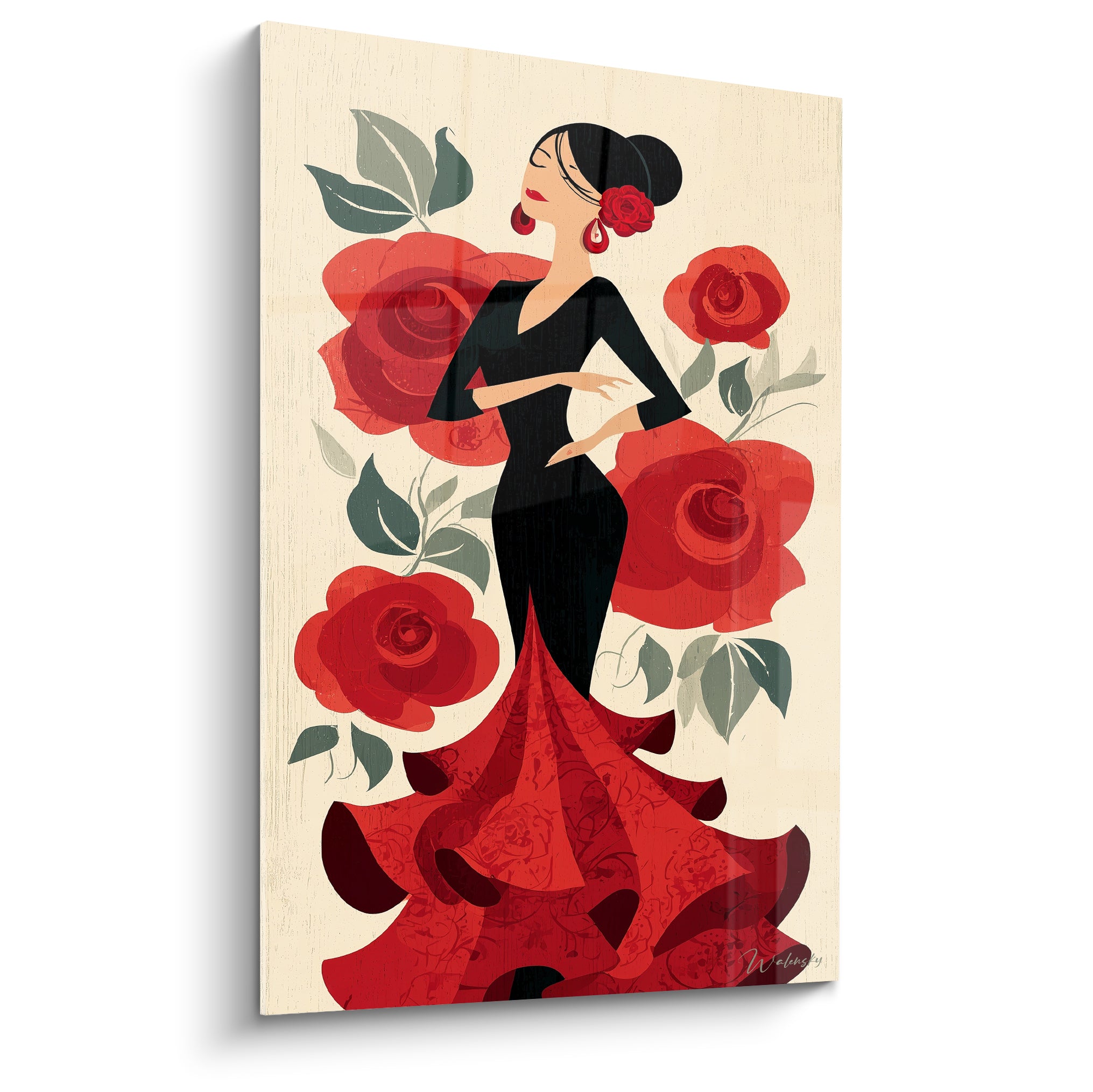 Danseuse en robe noire et roses rouges illustrant la danse espagnole sur fond ivoire texturé