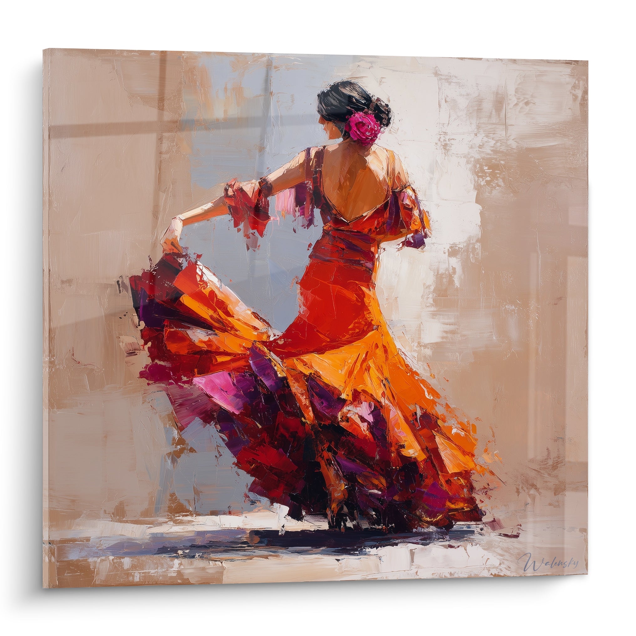 Danseuse de flamenco en robe orange et rouge tourbillonnante, cheveux noirs, rose fuchsia, style expressif