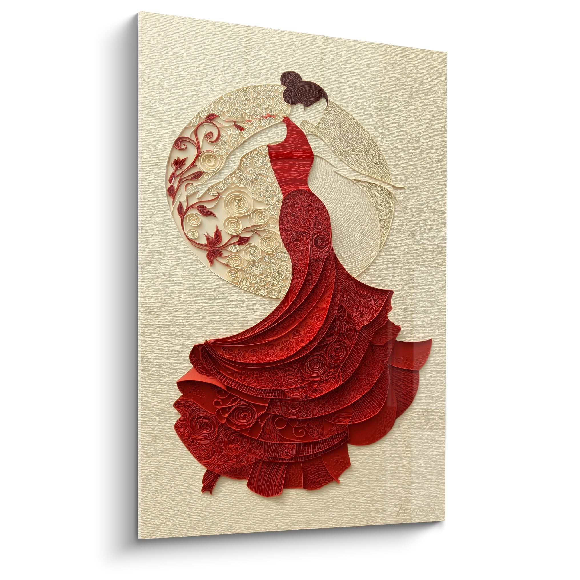 Danseuse en robe rouge cerise tourbillonnante sur fond ivoire texturé, œuvre Danse espagnole en relief